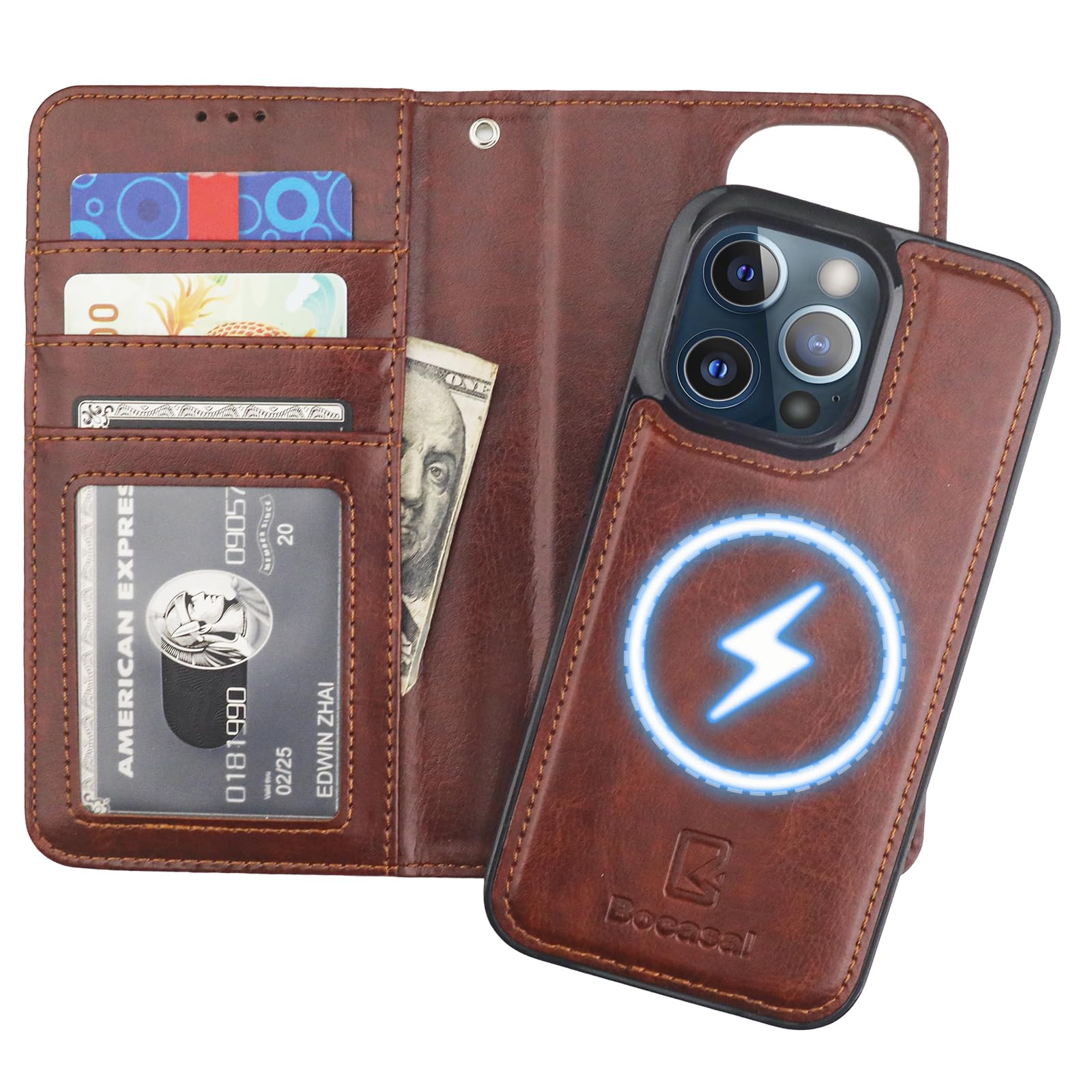 Foto 2 pulgar | Funda Tipo Cartera Bocasal Para Iphone 13 Pro Con Magsafe De Piel Marrón - Venta Internacional.