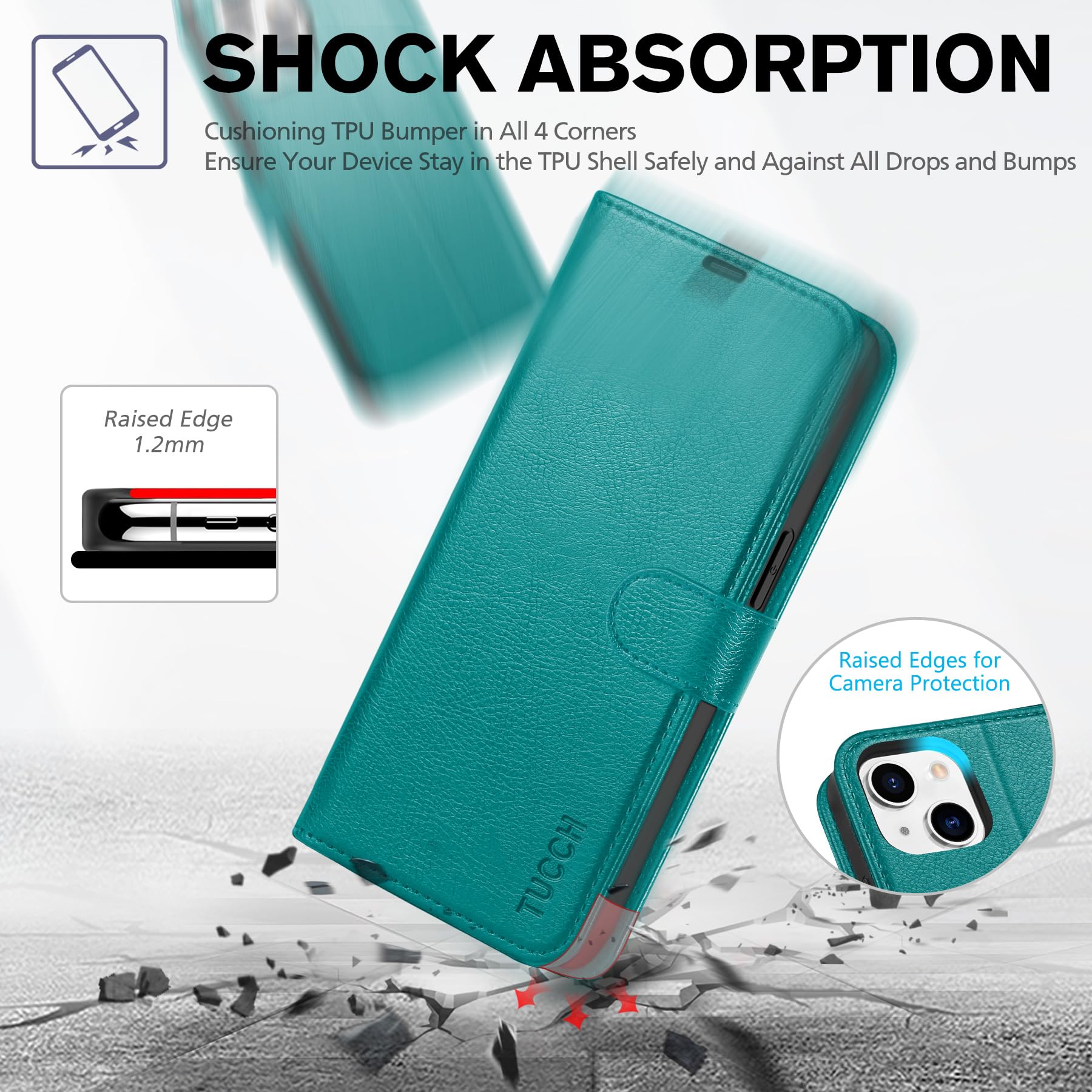 Foto 7 pulgar | Funda Tipo Cartera Tucch Para Iphone 14 De 6,1 Pulgadas Con 4 Ranuras Para Tarjetas, Color Cian - Venta Internacional.