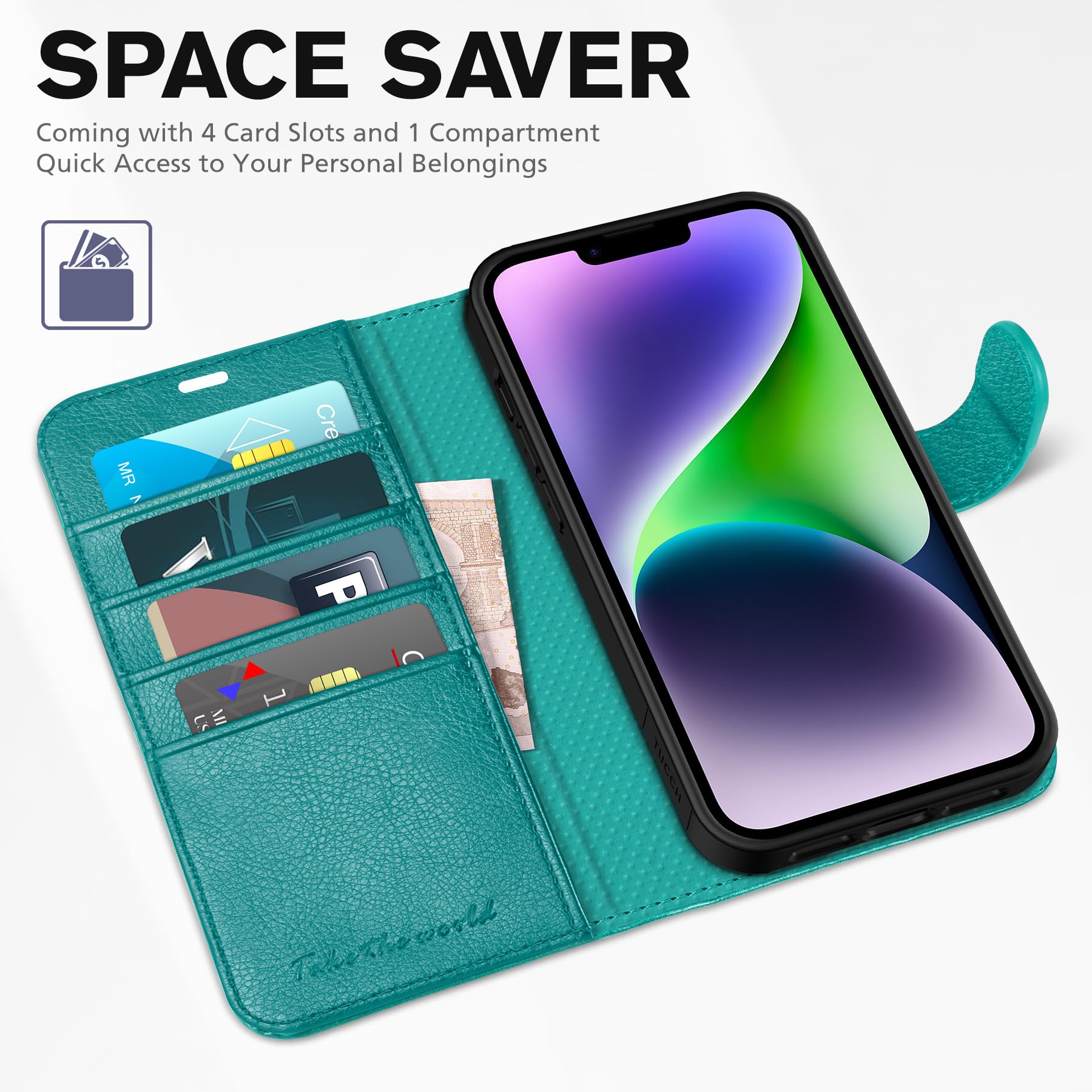 Foto 8 pulgar | Funda Tipo Cartera Tucch Para Iphone 14 De 6,1 Pulgadas Con 4 Ranuras Para Tarjetas, Color Cian - Venta Internacional.