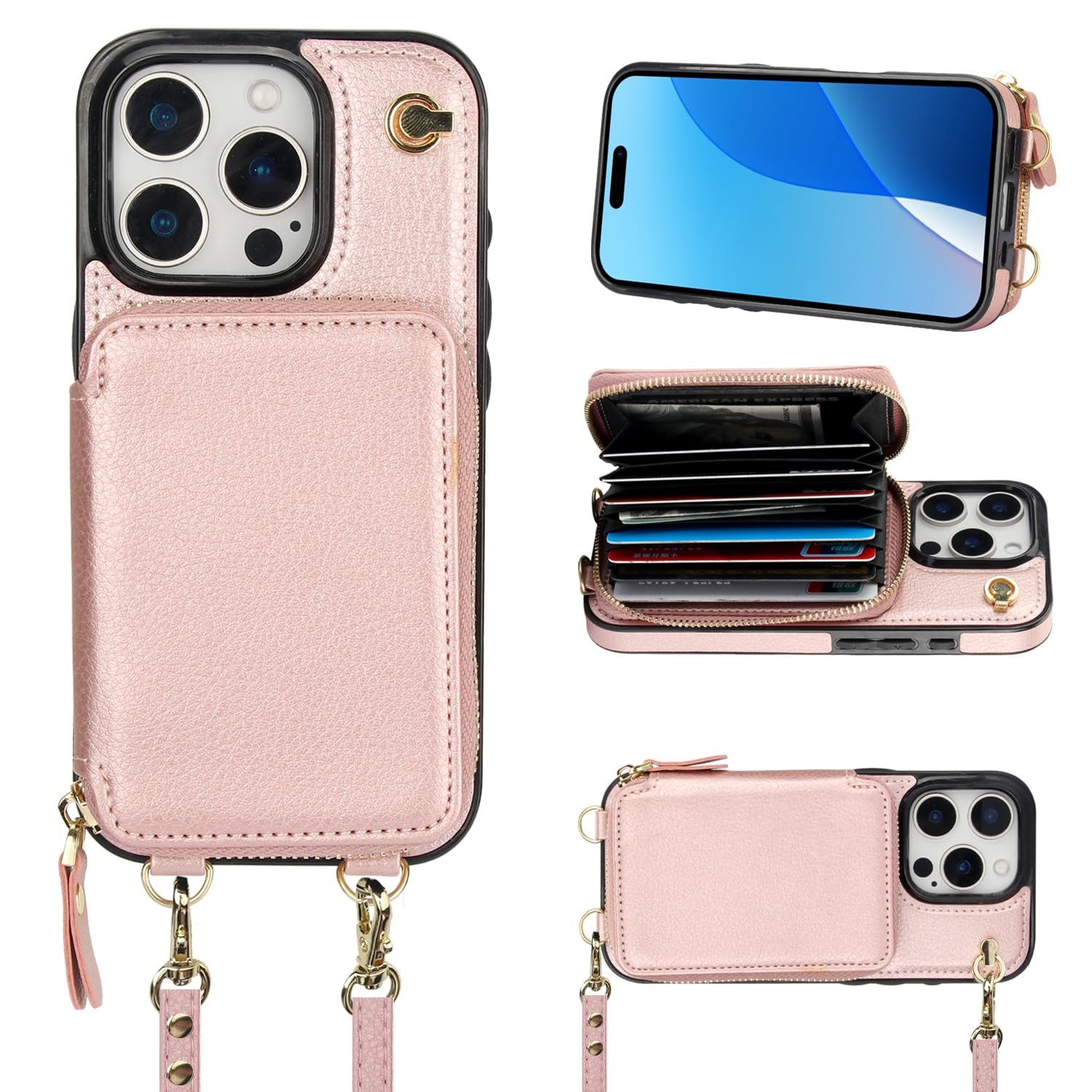 Foto 2 pulgar | Funda Tipo Cartera Tipo Bandolera Bocasal Para Iphone 16 Pro De 6,3 Pulgadas, Color Oro Rosa - Venta Internacional.
