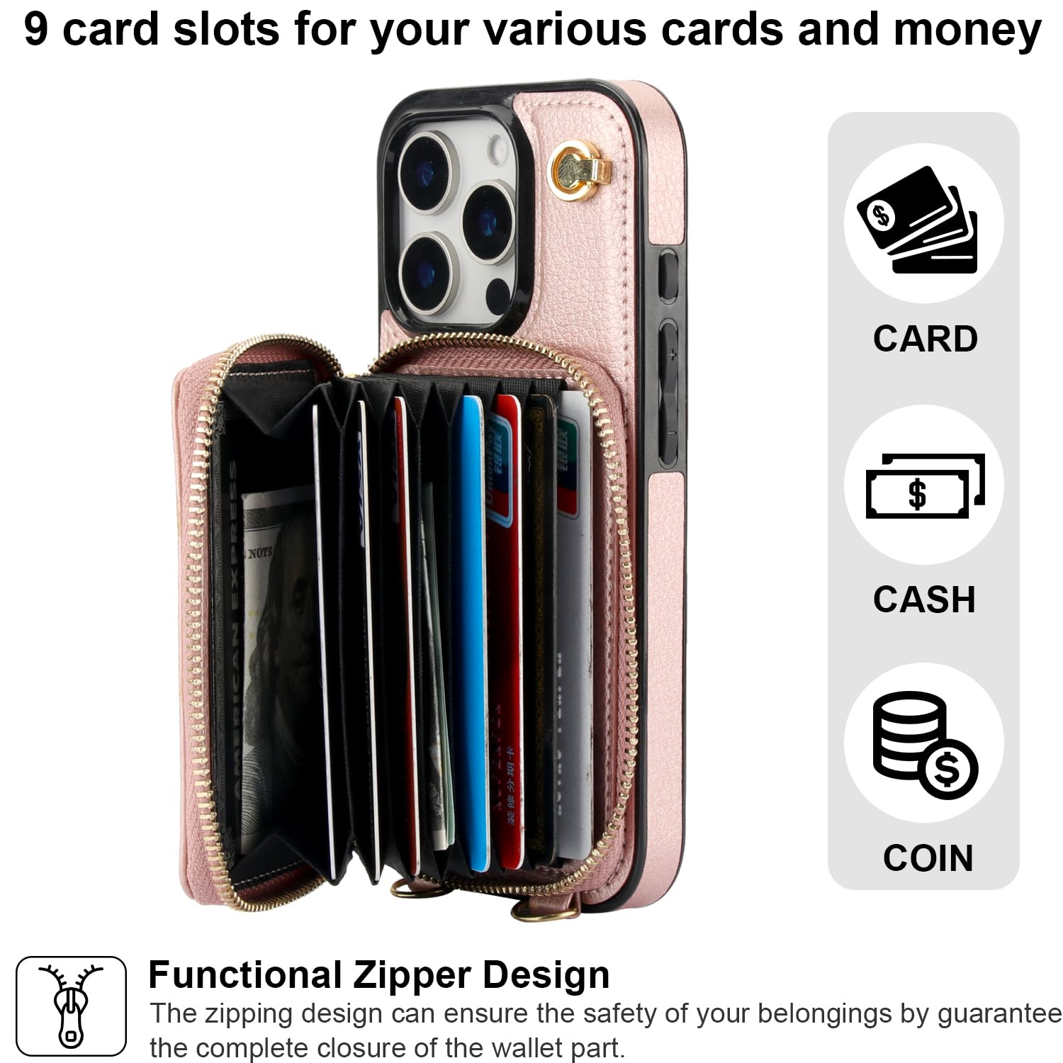 Foto 4 pulgar | Funda Tipo Cartera Tipo Bandolera Bocasal Para Iphone 16 Pro De 6,3 Pulgadas, Color Oro Rosa - Venta Internacional.