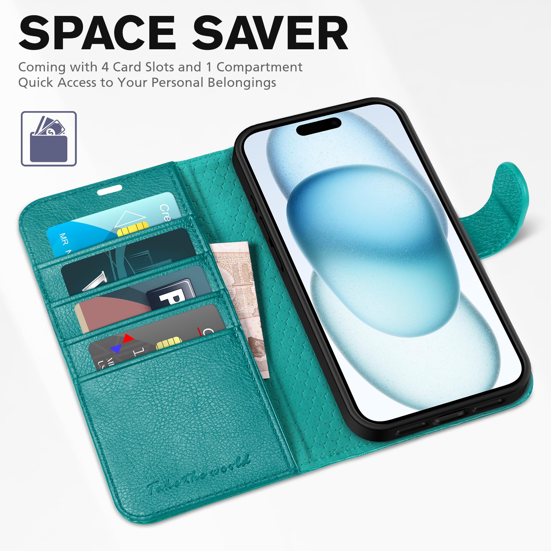 Foto 8 pulgar | Funda Tipo Cartera Tucch Para Iphone 15 De 6,1 Pulgadas Con 4 Ranuras Para Tarjetas, Color Cian - Venta Internacional.