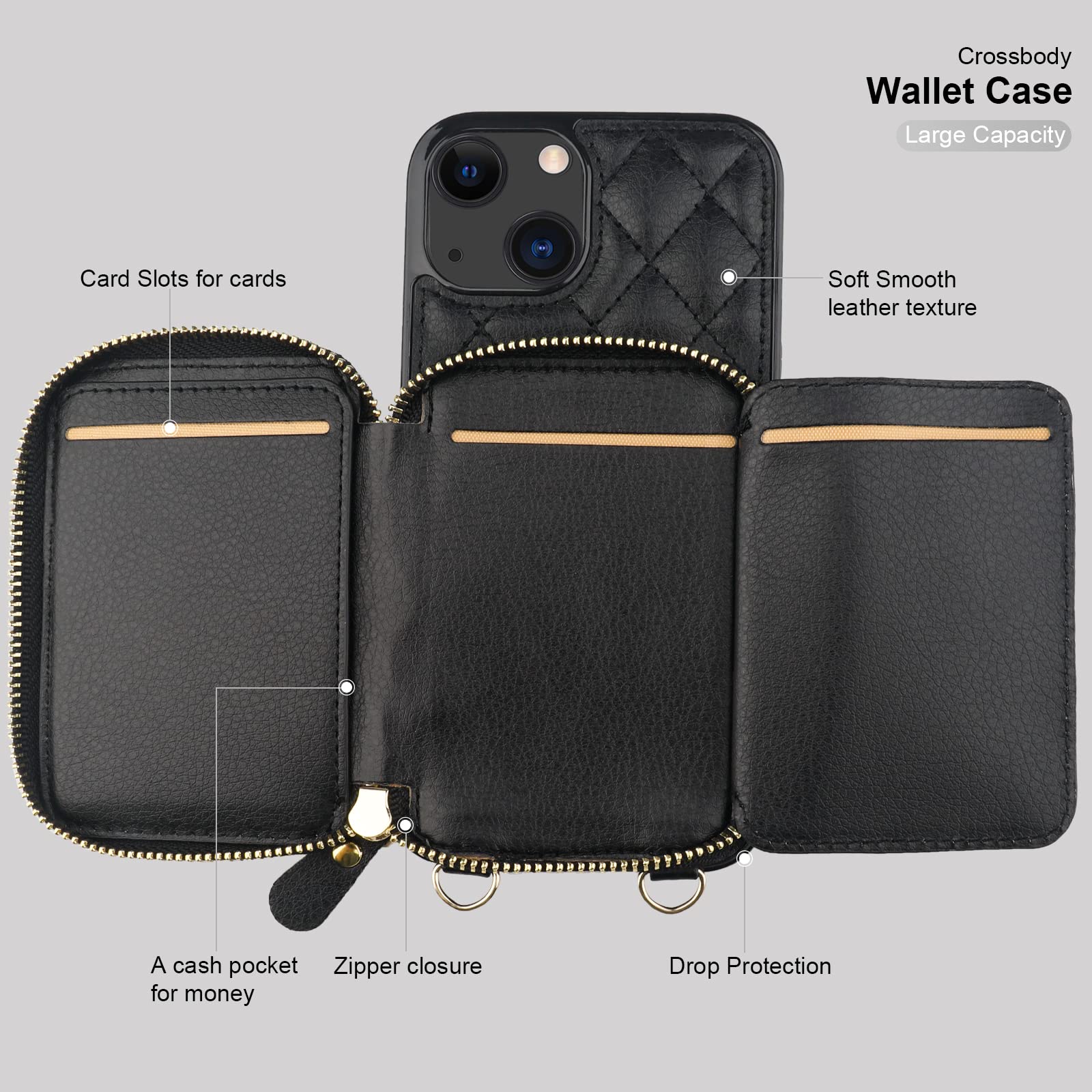 Foto 8 pulgar | Funda Tipo Cartera Tipo Bandolera Bocasal Para Iphone 13 De 6,1 Pulgadas, Color Negro - Venta Internacional.