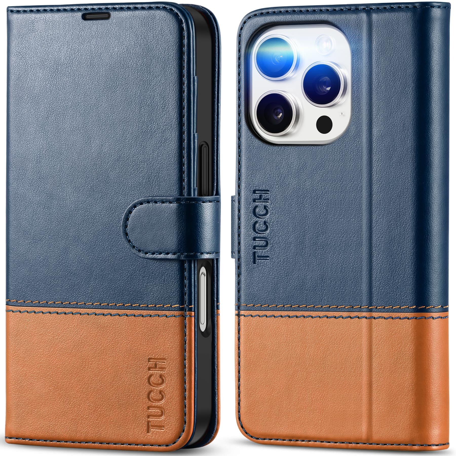 Foto 2 pulgar | Funda Tipo Cartera Tucch Para Iphone 16 Pro Con Bloqueo Rfid Azul Y Marrón - Venta Internacional.