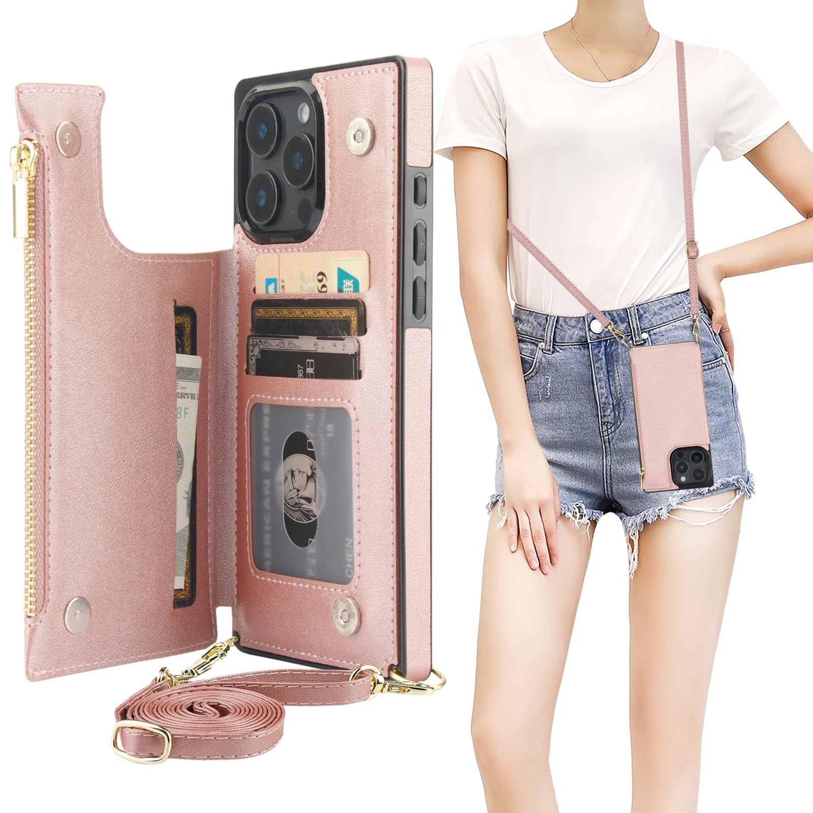 Foto 2 pulgar | Funda Tipo Cartera Tipo Bandolera Bocasal Para Iphone 16 Pro Max En Oro Rosa - Venta Internacional.