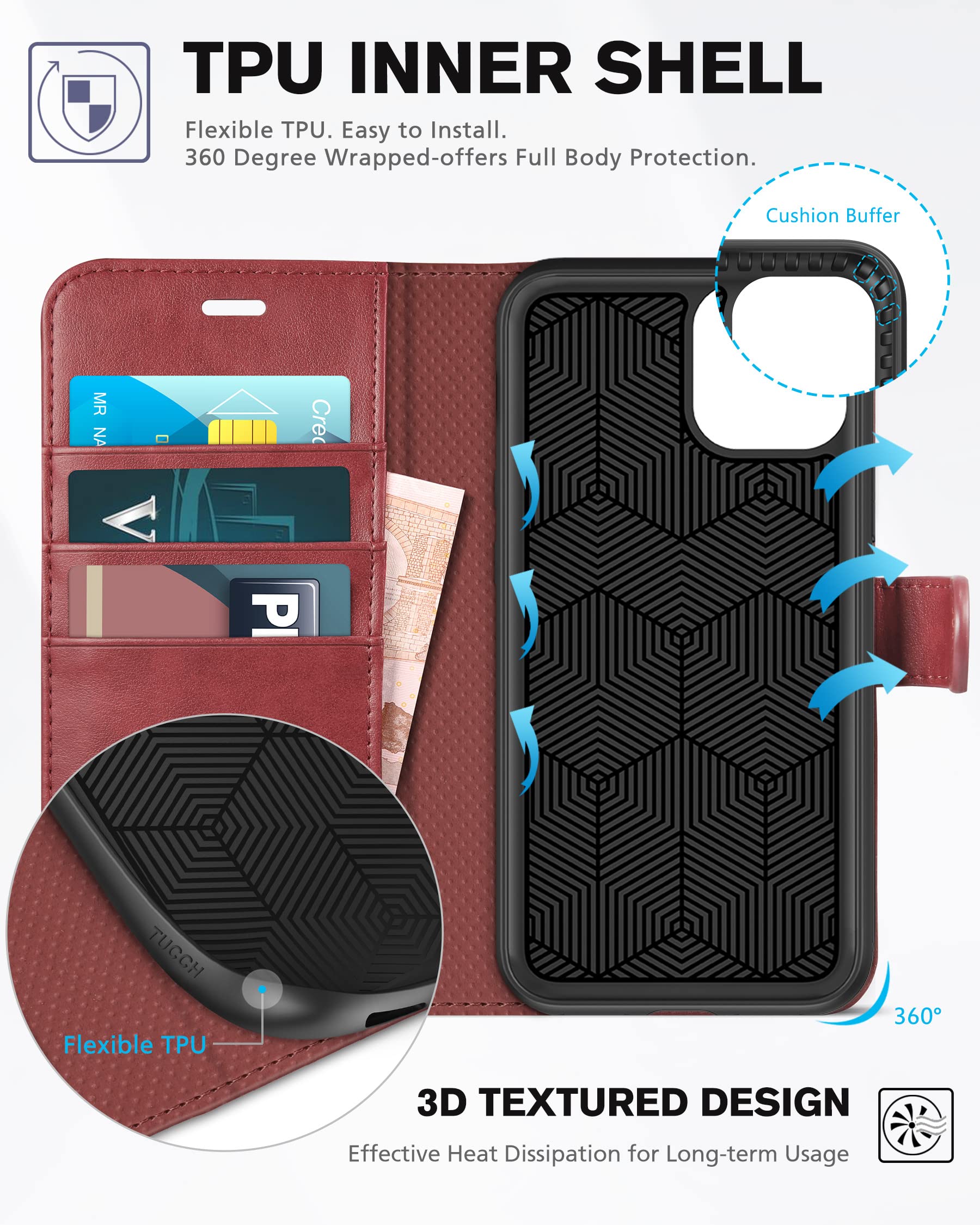 Foto 5 pulgar | Funda Tipo Cartera Tucch Para Iphone 11 De 6,1 Pulgadas Con Ranuras Para Tarjetas, Color Rojo Oscuro - Venta Internac