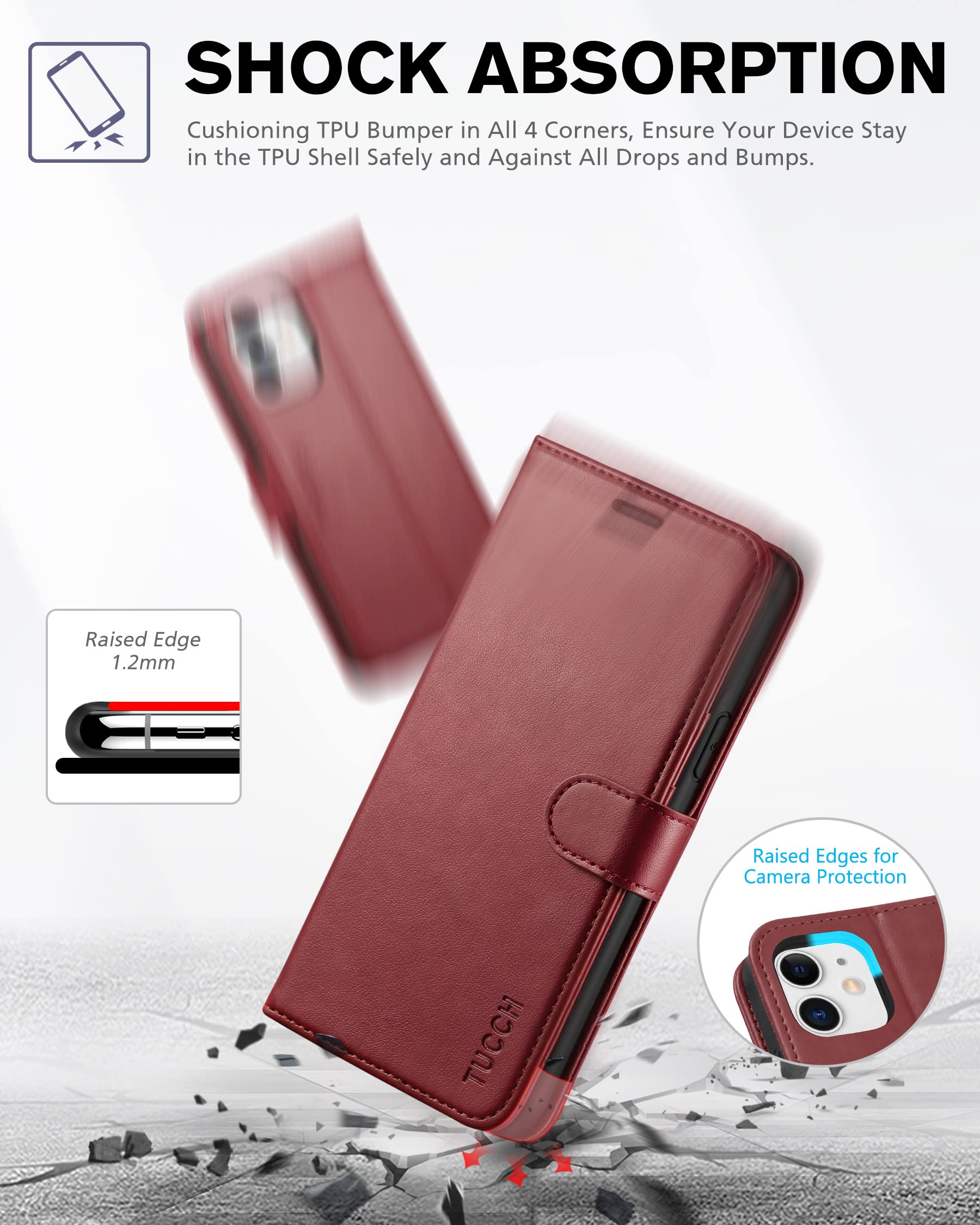 Foto 6 | Funda Tipo Cartera Tucch Para Iphone 11 De 6,1 Pulgadas Con Ranuras Para Tarjetas, Color Rojo Oscuro - Venta Internac