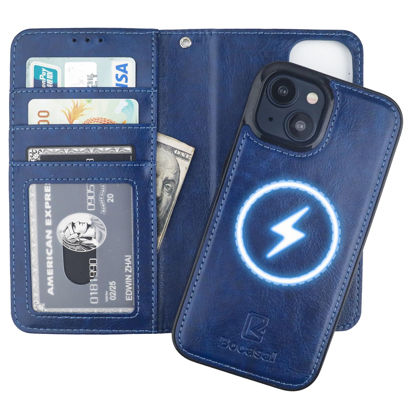 Foto 2 pulgar | Funda Tipo Cartera Bocasal Para Iphone 15 De 6.1 Pulgadas Con Piel Azul Magsafe - Venta Internacional.