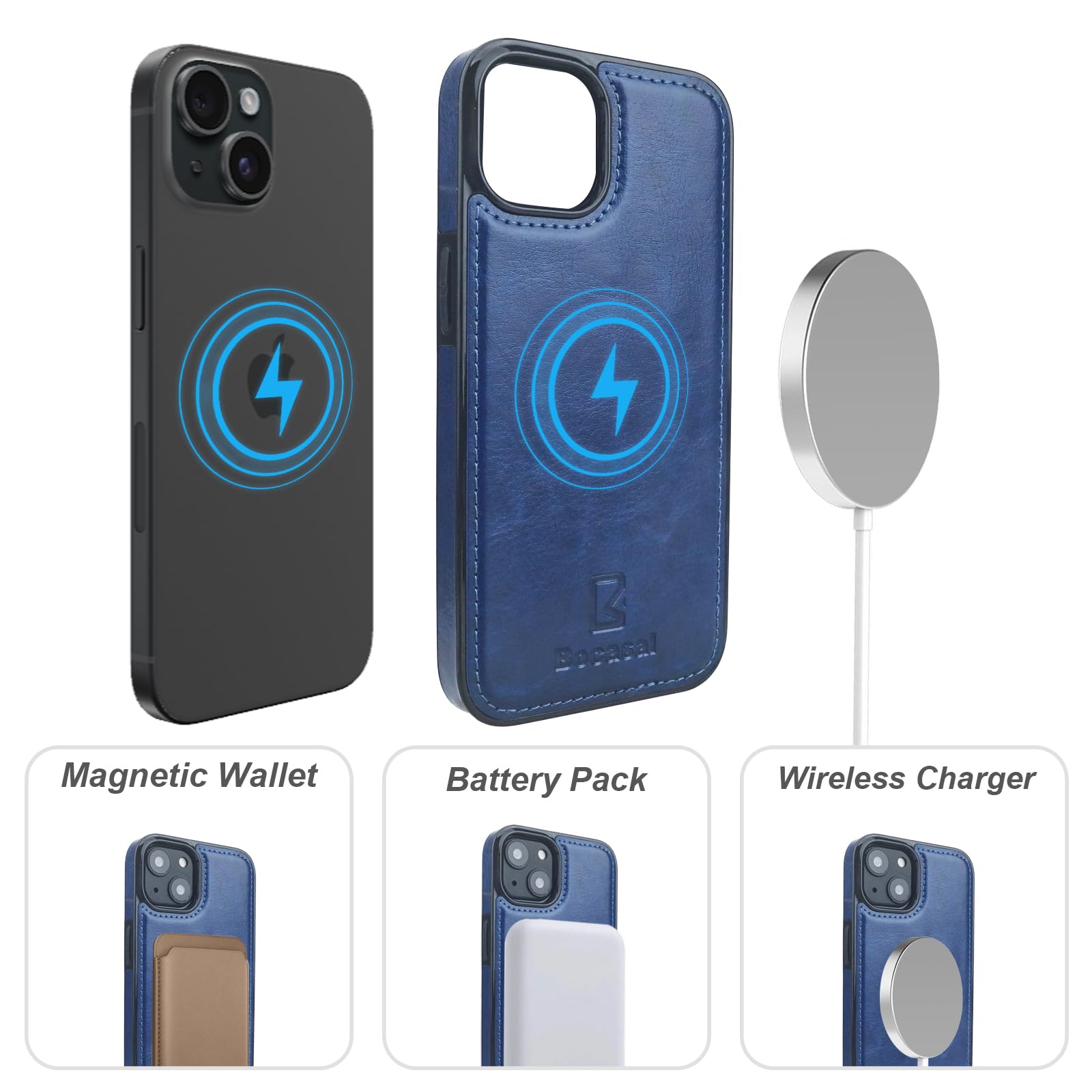 Foto 5 pulgar | Funda Tipo Cartera Bocasal Para Iphone 15 De 6.1 Pulgadas Con Piel Azul Magsafe - Venta Internacional.