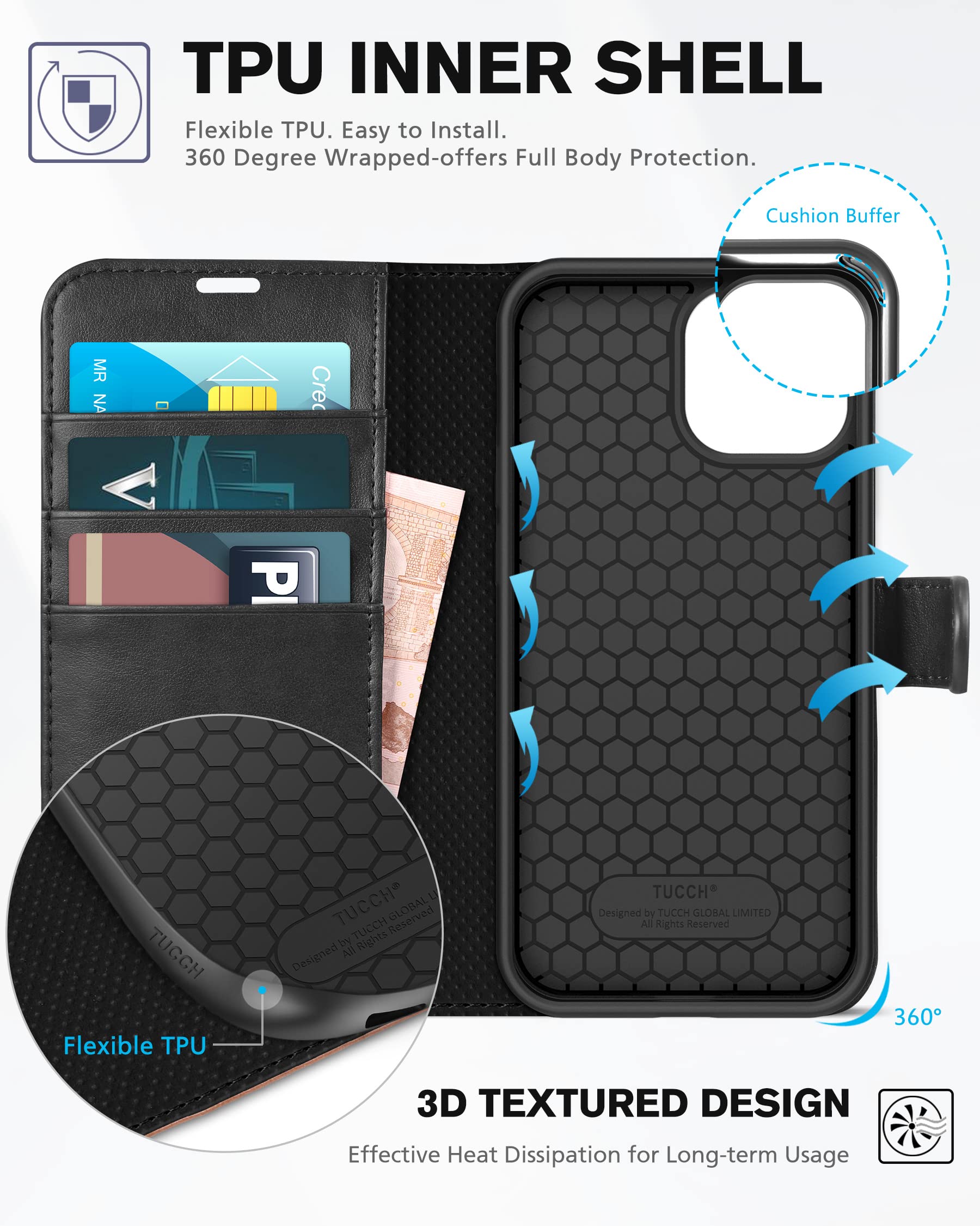 Foto 4 | Funda Tipo Cartera Tucch Para Iphone 13 De 6,1 Pulgadas Con 3 Ranuras Para Tarjetas, Color Negro - Venta Internacional.