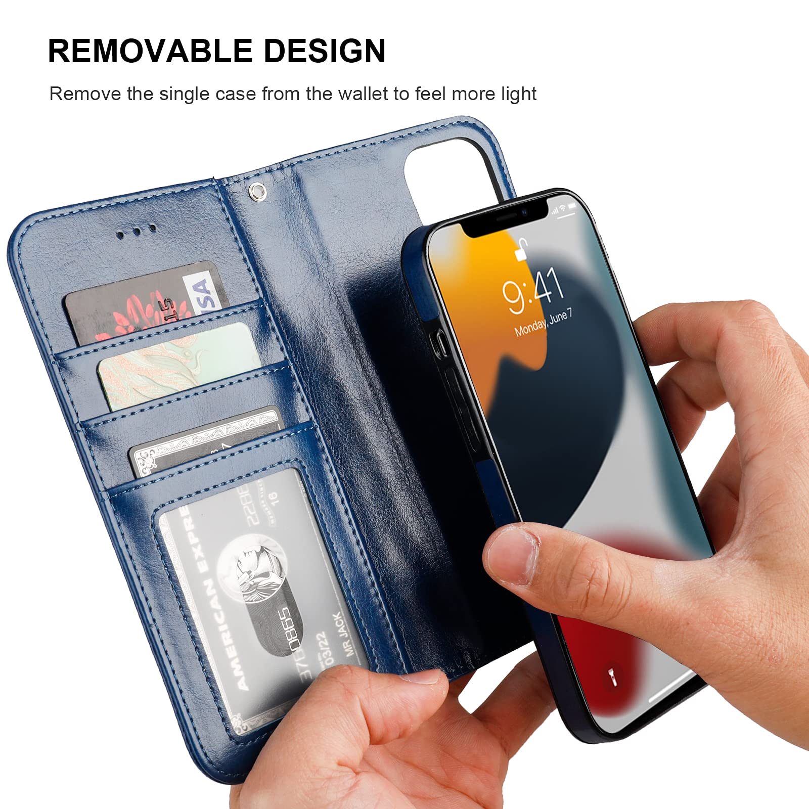 Foto 5 pulgar | Funda Tipo Cartera Bocasal Desmontable Para Iphone 13 De 6.1 Pulgadas, Color Azul - Venta Internacional.