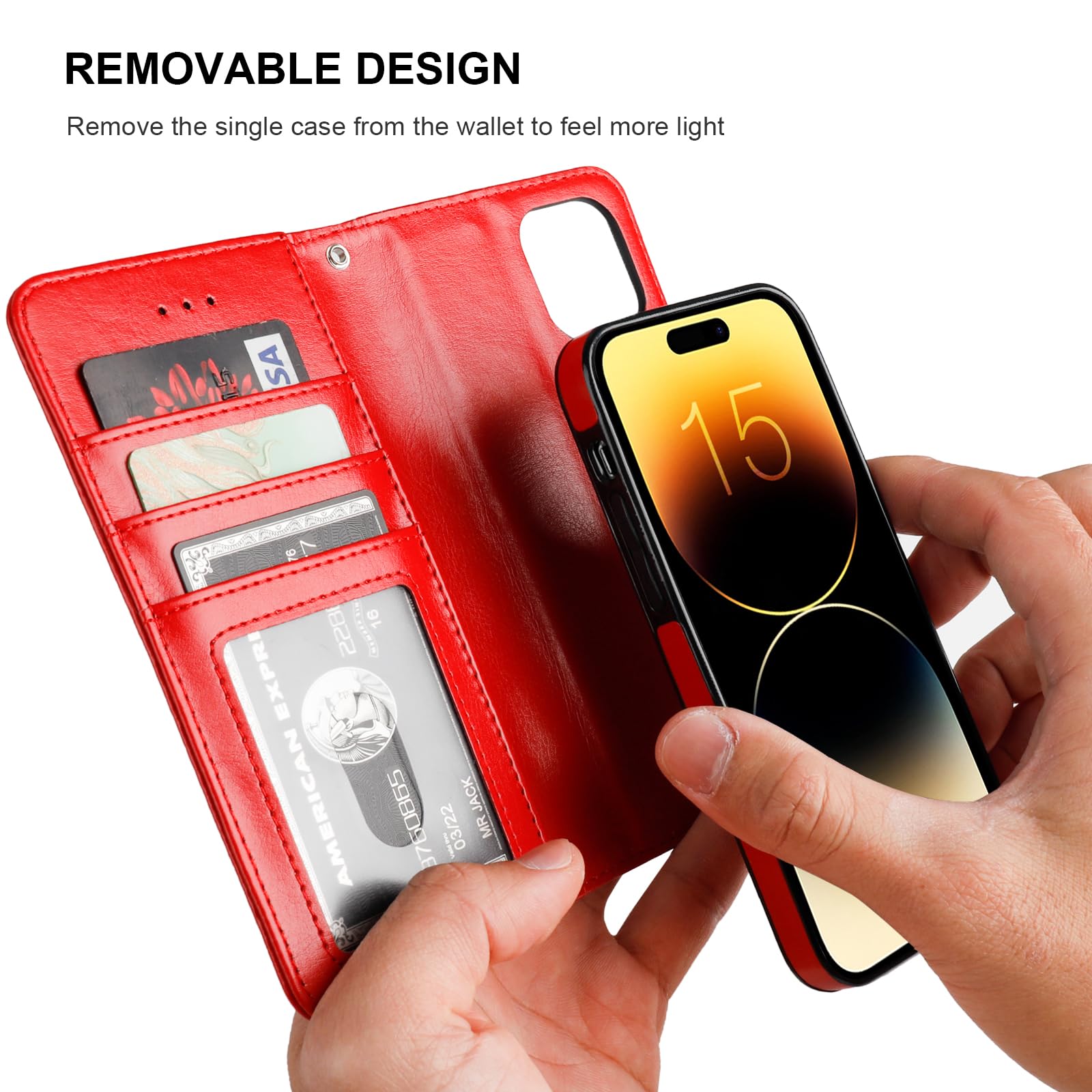 Foto 4 pulgar | Funda Tipo Cartera Bocasal Desmontable Para Iphone 15 De 6.1 Pulgadas, Color Rojo - Venta Internacional.