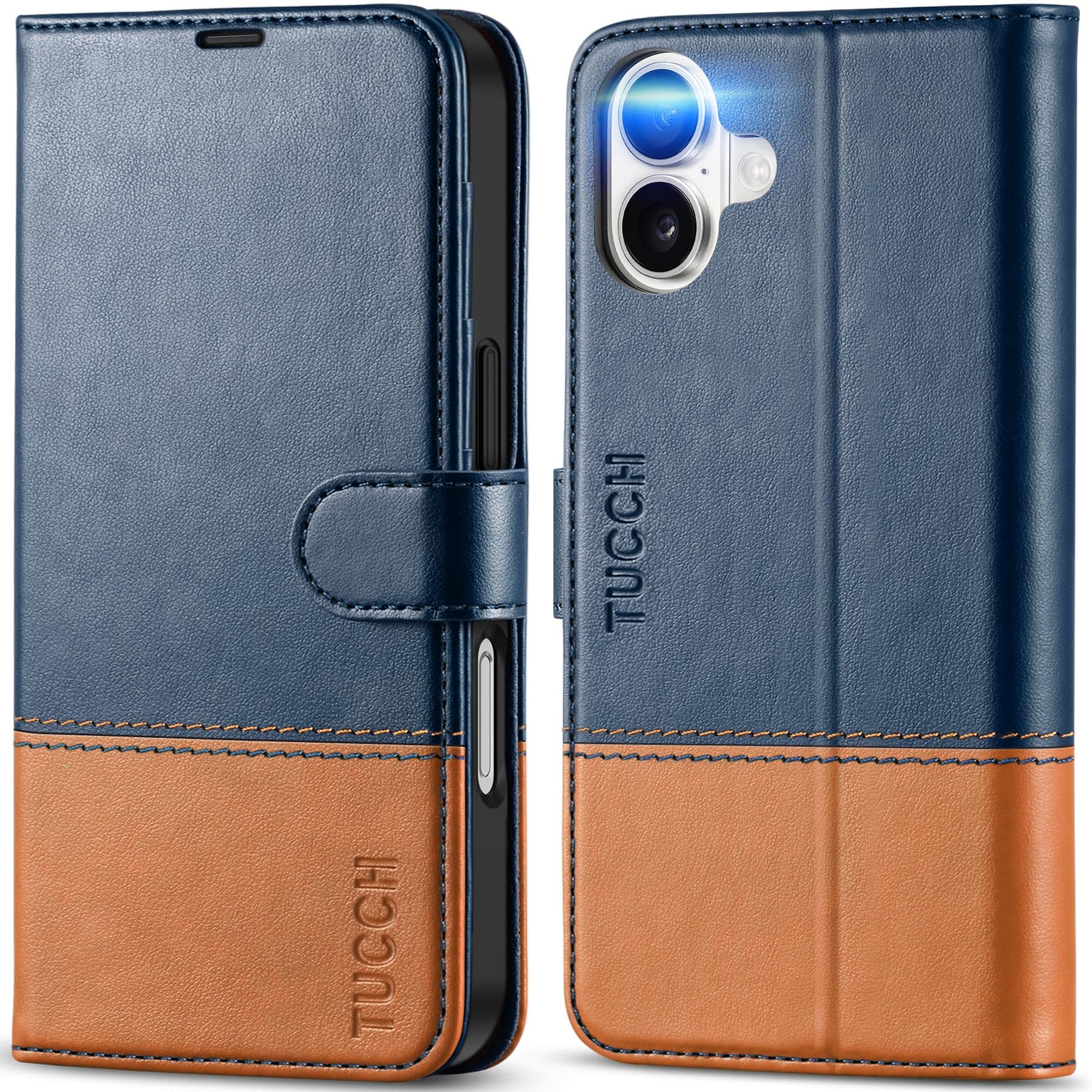 Foto 2 pulgar | Funda Tipo Cartera Tucch Para Iphone 16 De 6.1 Pulgadas Con Función Atril, Color Azul Y Marrón - Venta Internacional.