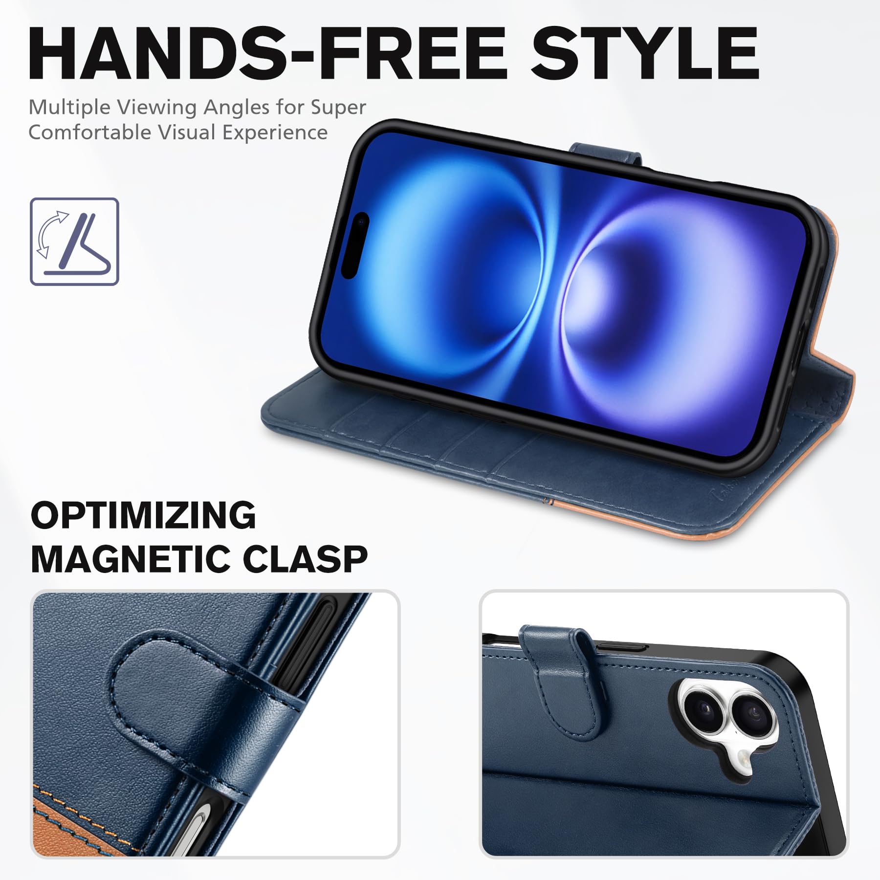 Foto 4 | Funda Tipo Cartera Tucch Para Iphone 16 De 6.1 Pulgadas Con Función Atril, Color Azul Y Marrón - Venta Internacional.