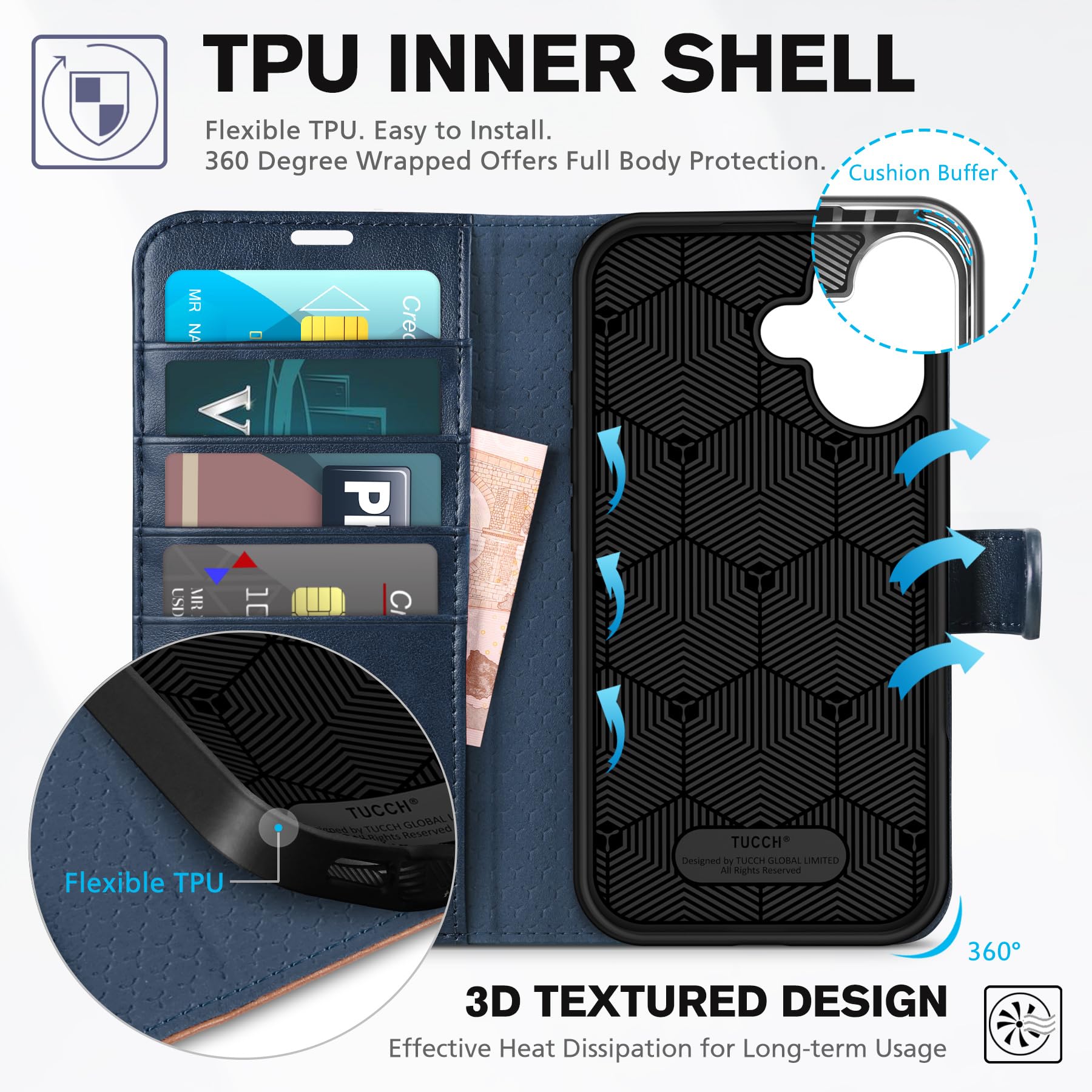 Foto 6 pulgar | Funda Tipo Cartera Tucch Para Iphone 16 De 6.1 Pulgadas Con Función Atril, Color Azul Y Marrón - Venta Internacional.