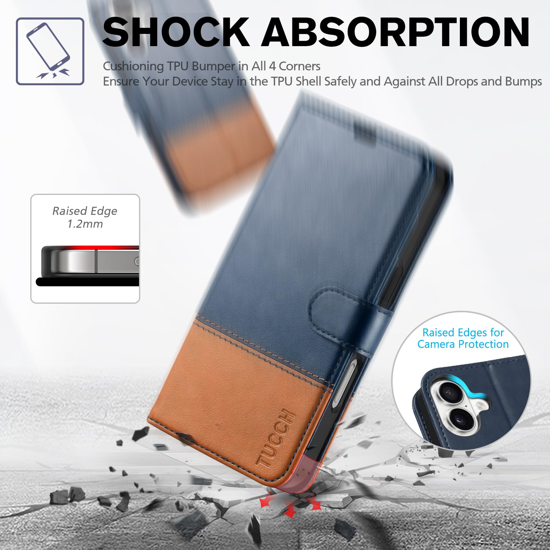 Foto 7 pulgar | Funda Tipo Cartera Tucch Para Iphone 16 De 6.1 Pulgadas Con Función Atril, Color Azul Y Marrón - Venta Internacional.