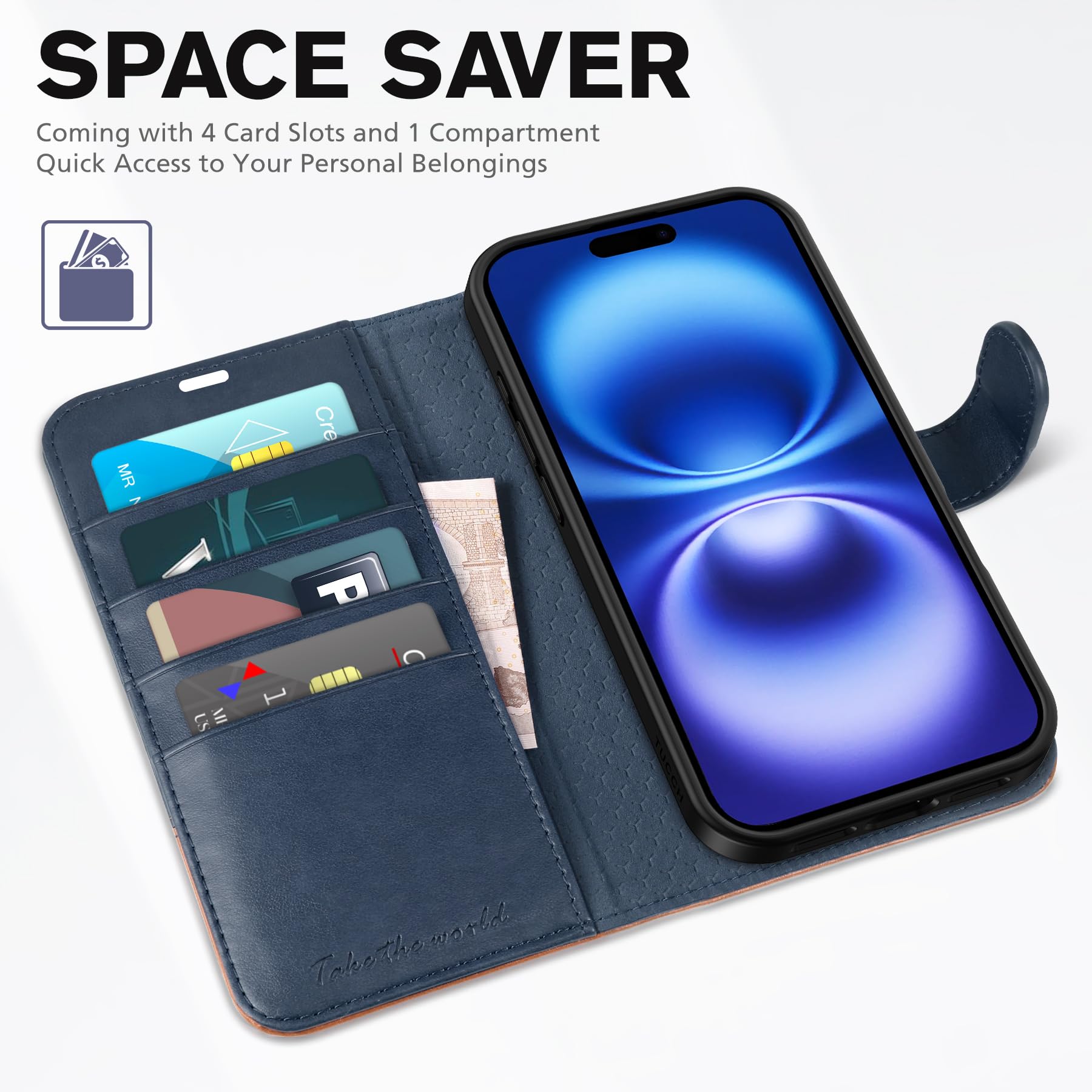 Foto 7 | Funda Tipo Cartera Tucch Para Iphone 16 De 6.1 Pulgadas Con Función Atril, Color Azul Y Marrón - Venta Internacional.