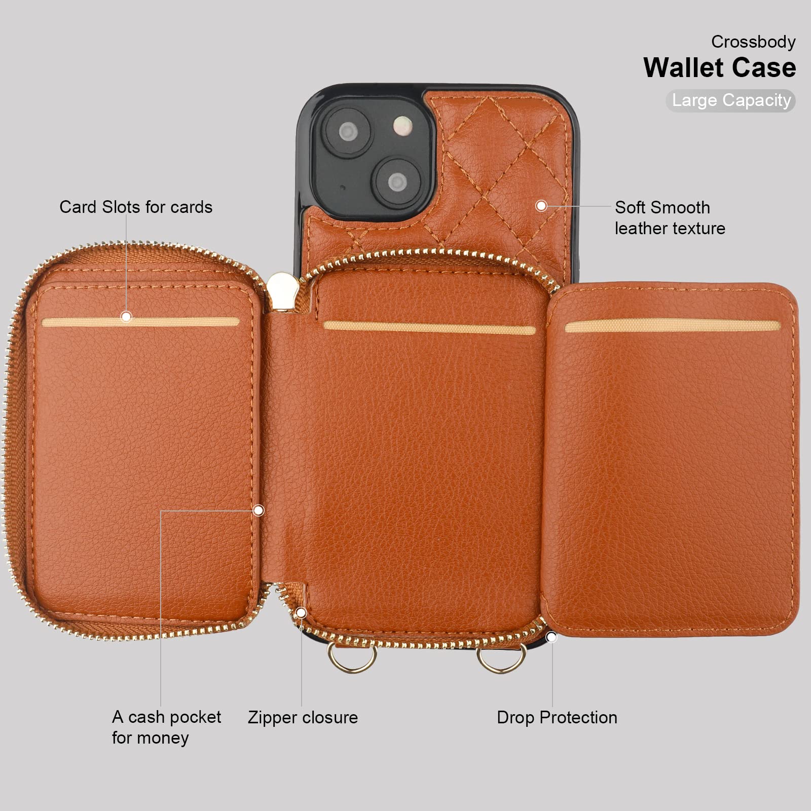 Foto 8 pulgar | Funda Tipo Cartera Tipo Bandolera Bocasal Para Iphone 14 De 6.1 Pulgadas Con Rfid, Color Marrón - Venta Internacional.