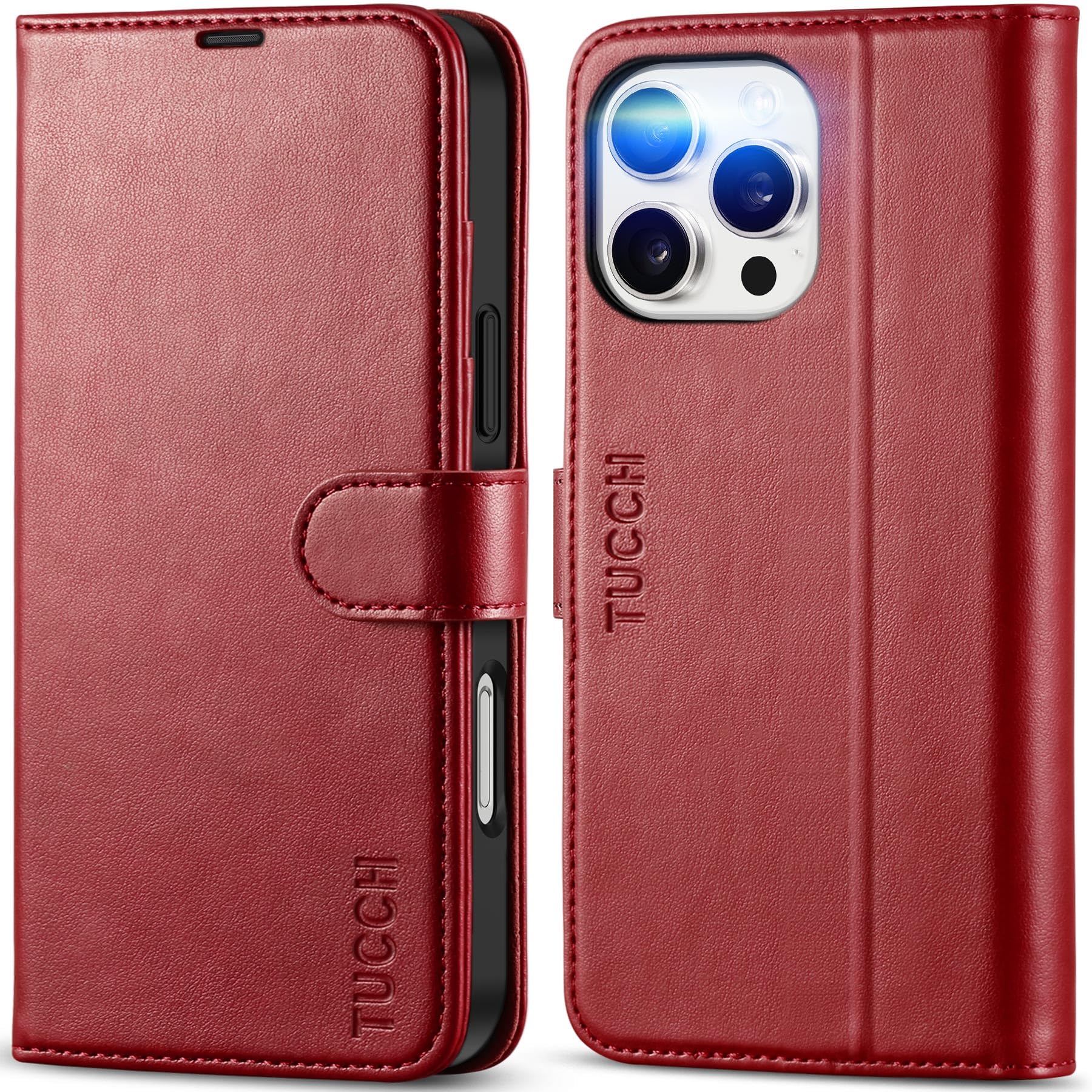 Foto 1 | Funda Tipo Cartera Tucch Para Iphone 16 Pro Max Rfid De Piel Sintética, Color Rojo Oscuro - Venta Internacional.