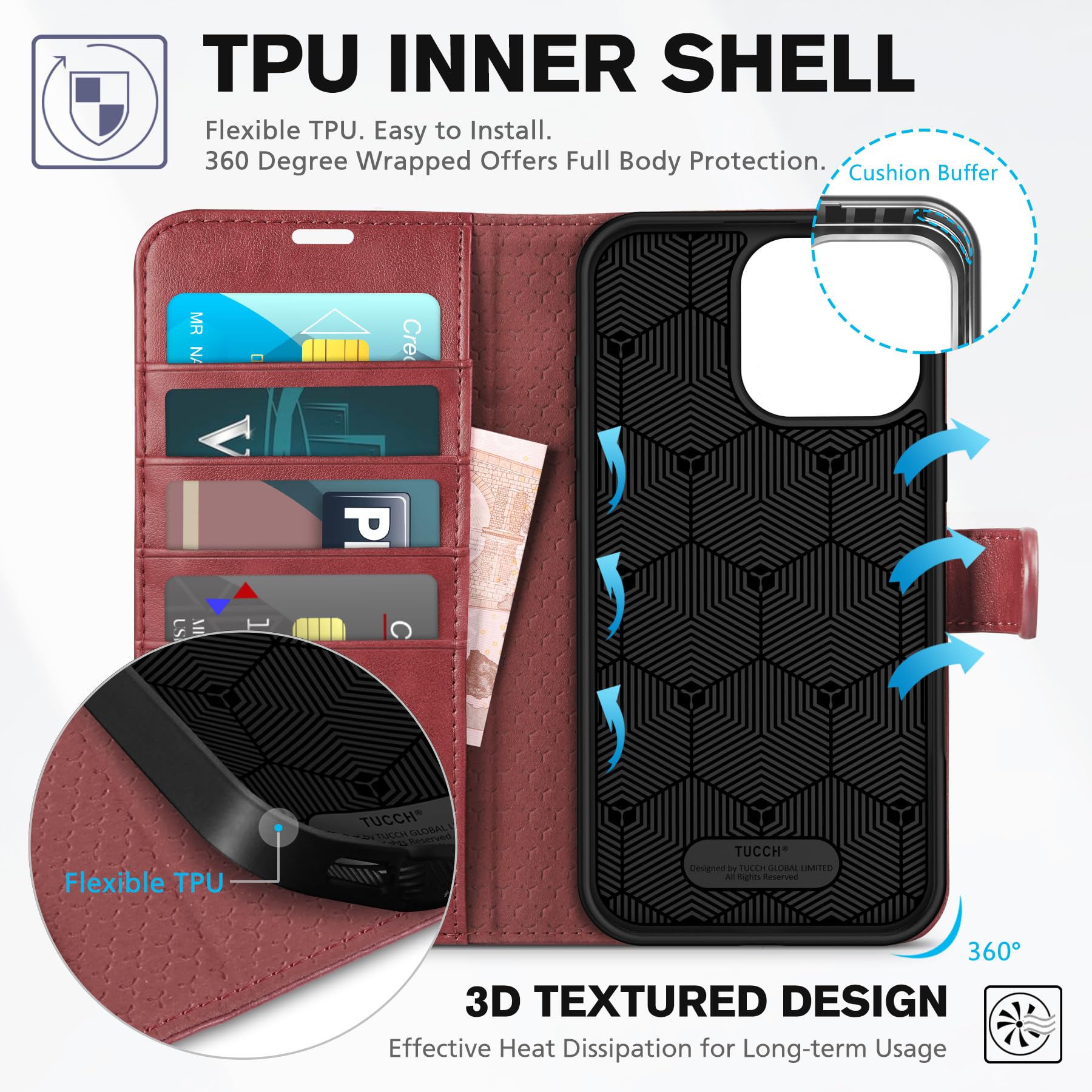 Foto 6 pulgar | Funda Tipo Cartera Tucch Para Iphone 16 Pro Max Rfid De Piel Sintética, Color Rojo Oscuro - Venta Internacional.