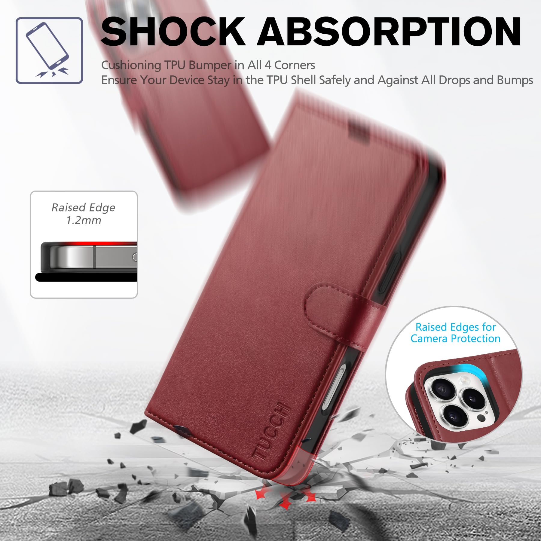 Foto 7 pulgar | Funda Tipo Cartera Tucch Para Iphone 16 Pro Max Rfid De Piel Sintética, Color Rojo Oscuro - Venta Internacional.