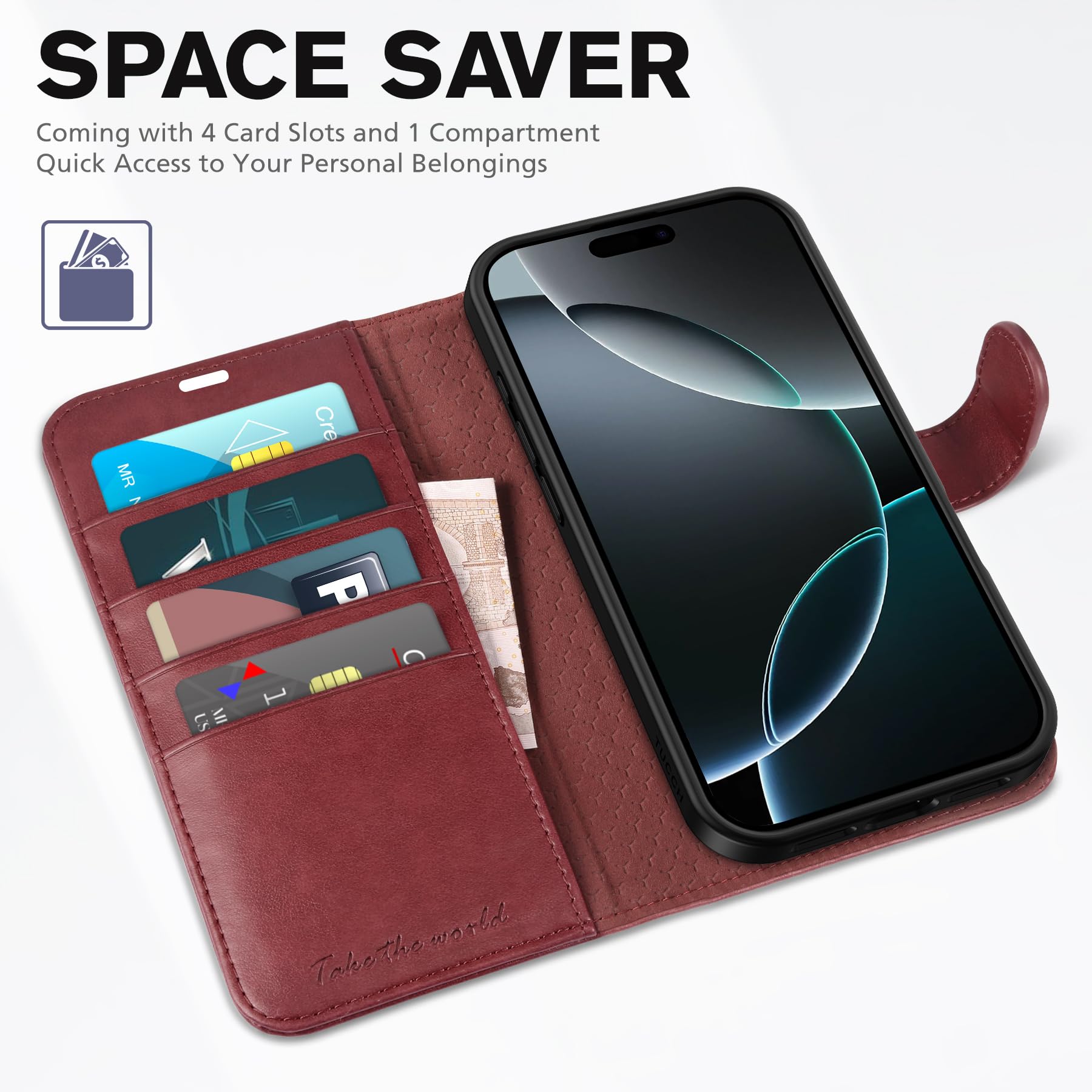 Foto 8 pulgar | Funda Tipo Cartera Tucch Para Iphone 16 Pro Max Rfid De Piel Sintética, Color Rojo Oscuro - Venta Internacional.