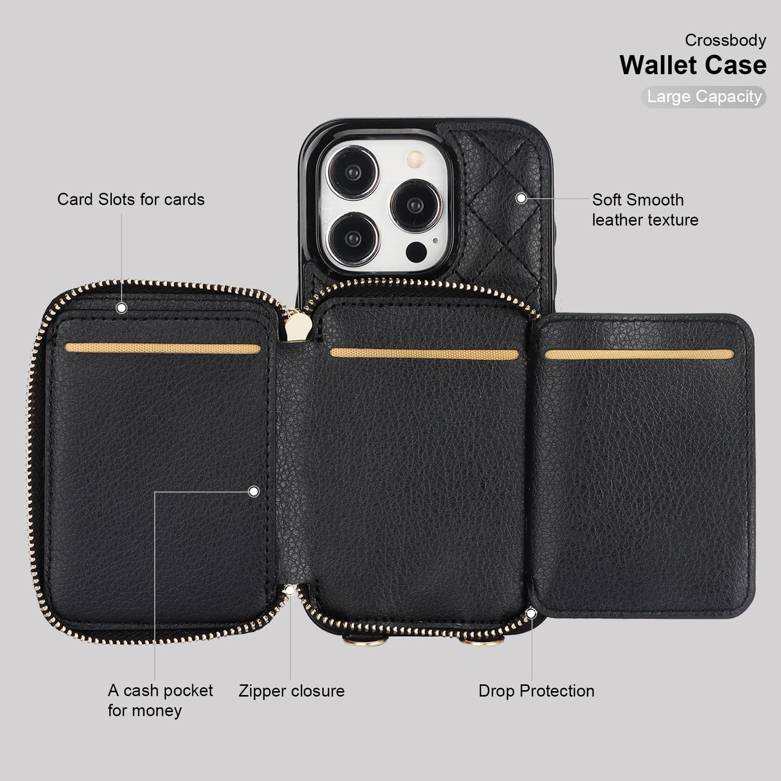 Foto 8 pulgar | Funda Tipo Cartera Tipo Bandolera Bocasal Para Iphone 15 Pro De 6.1 Pulgadas, Color Negro - Venta Internacional.