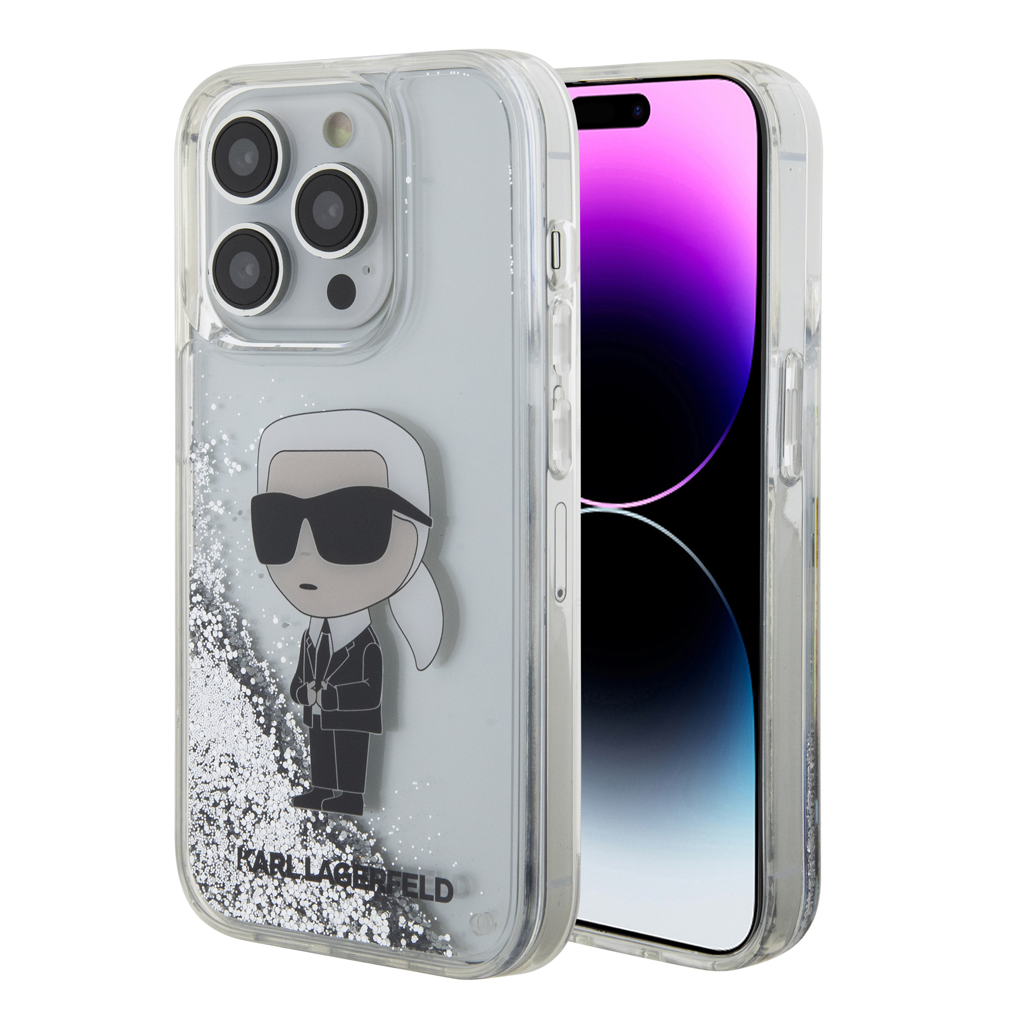 Foto 2 pulgar | Funda Original Karl Brillos Líquido Iphone 15 Pro Plata