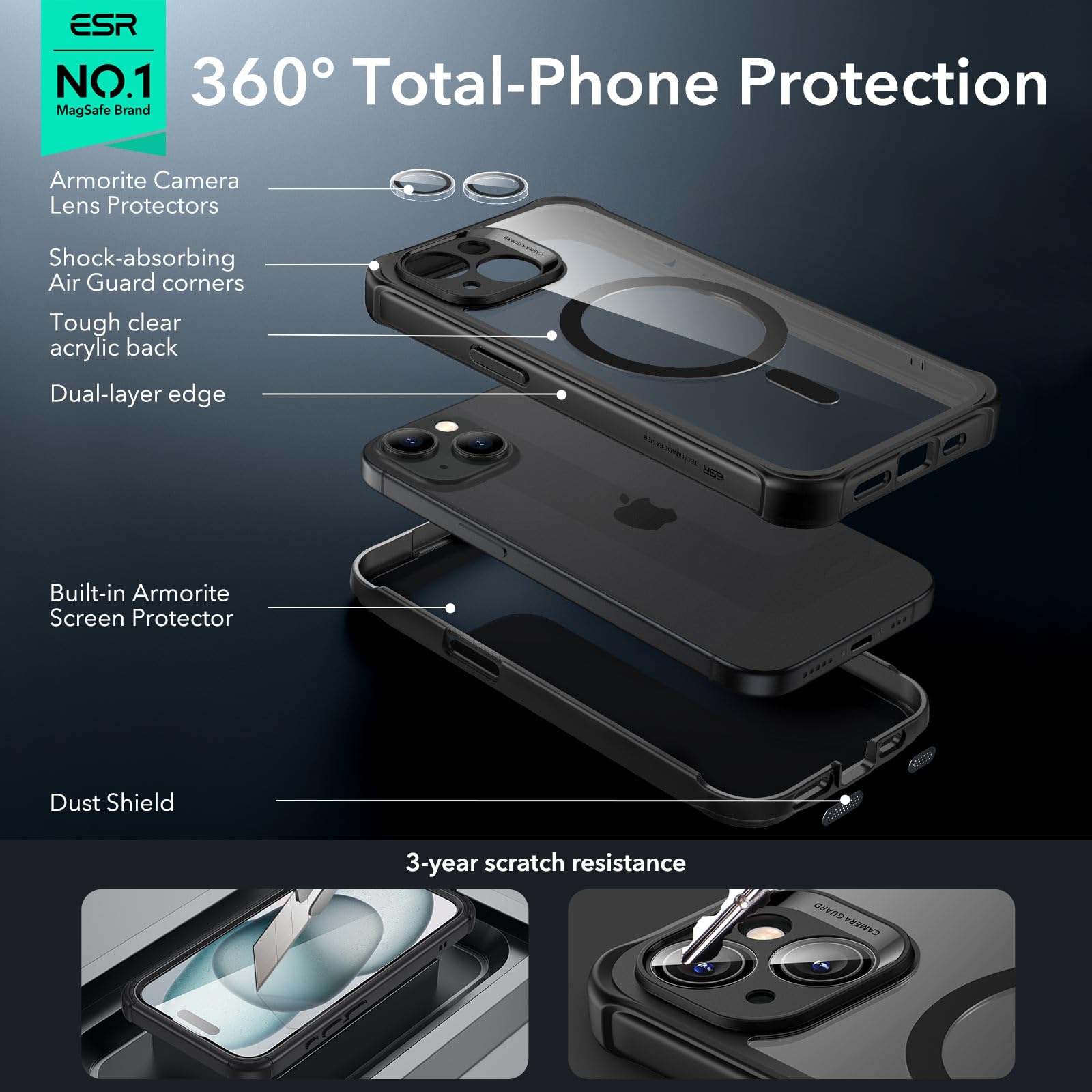 Foto 4 pulgar | Funda Esr Para Iphone 15 Con Vidrio Templado Negro Transparente - Venta Internacional.