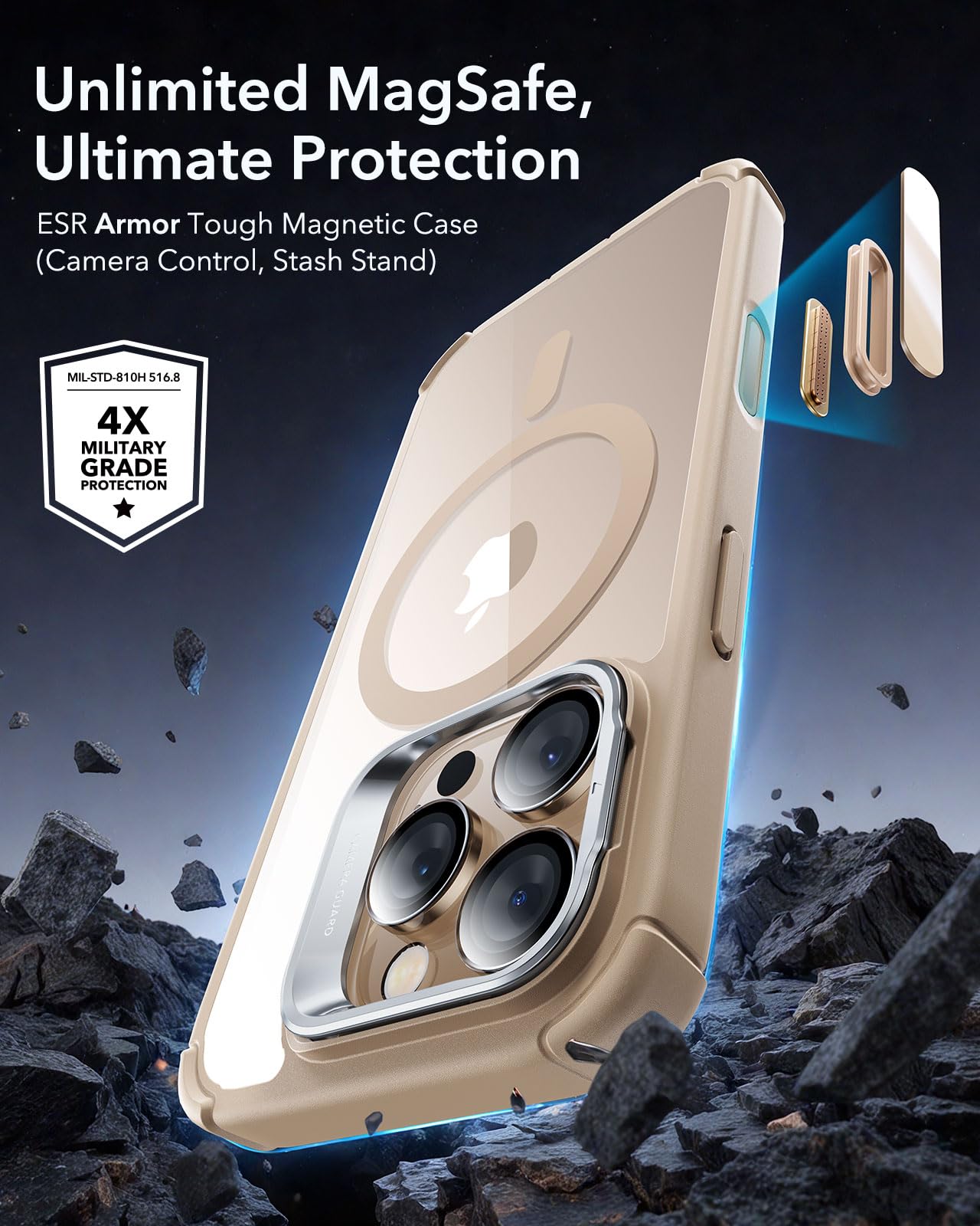 Foto 3 pulgar | Funda Esr Para Iphone 16 Pro Con Soporte Y Control De Cámara  Color Dorado Transparente - Venta Internacional.