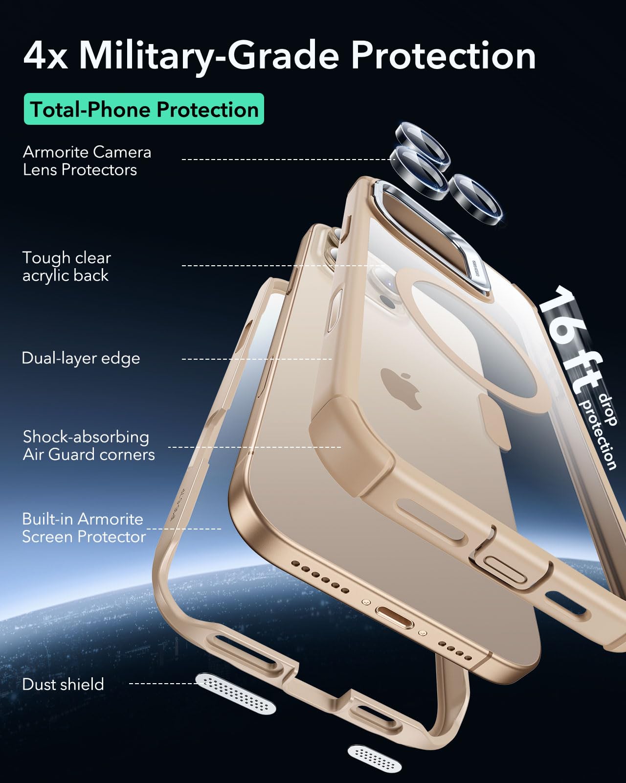 Foto 5 | Funda Esr Para Iphone 16 Pro Con Soporte Y Control De Cámara  Color Dorado Transparente - Venta Internacional.