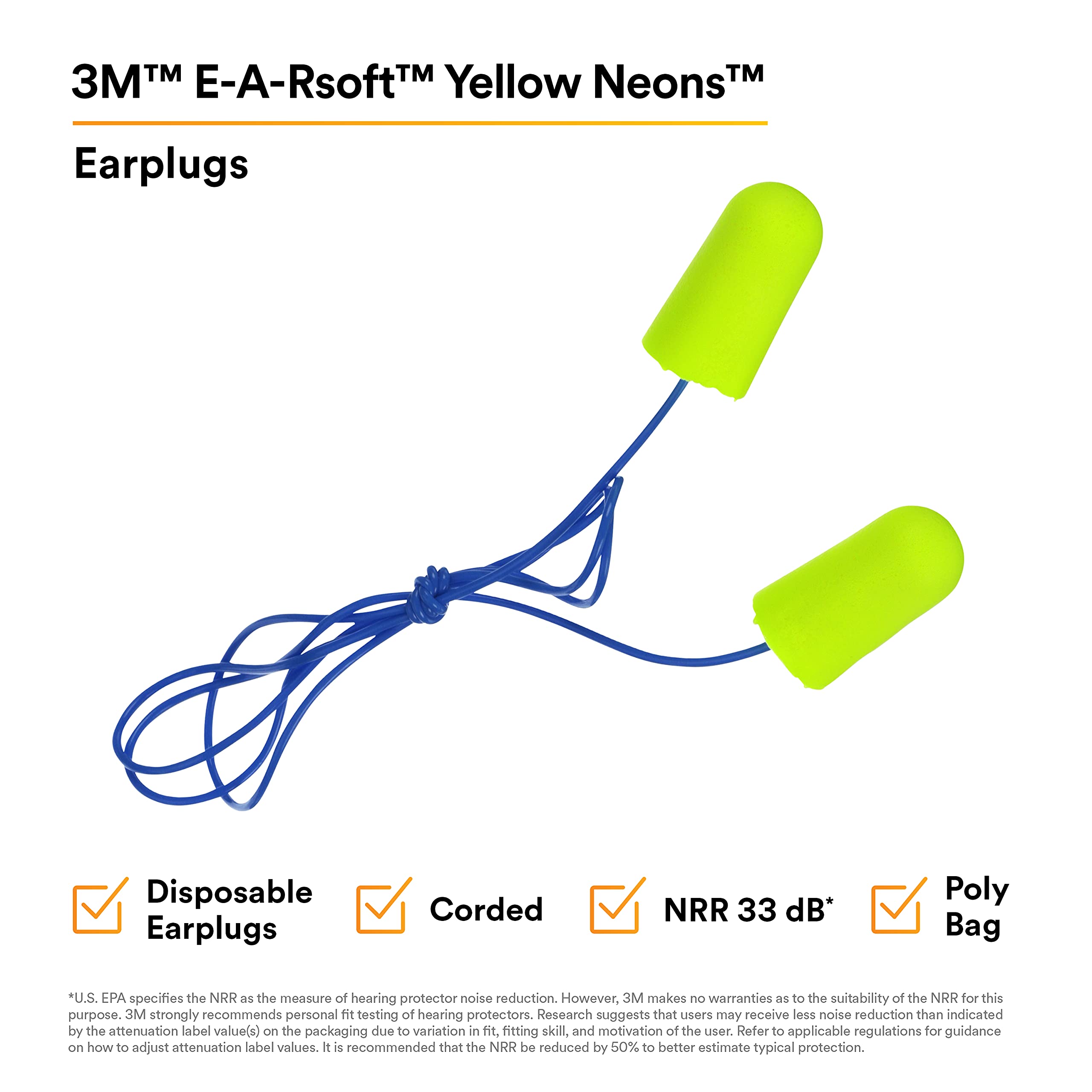 Foto 6 pulgar | Tapones Para Los Oídos 3m E-a-rsoft Yellow Neons 311-1250, 200 Pares Con Cable - Venta Internacional.