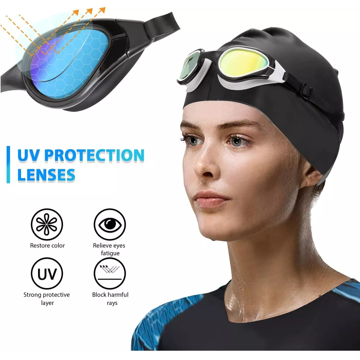 Foto 3 pulgar | Gafas De Natación Googles+gorra+clip Nariz+tapones Anteojos Eo Safe Imports Esi-16234 Negro