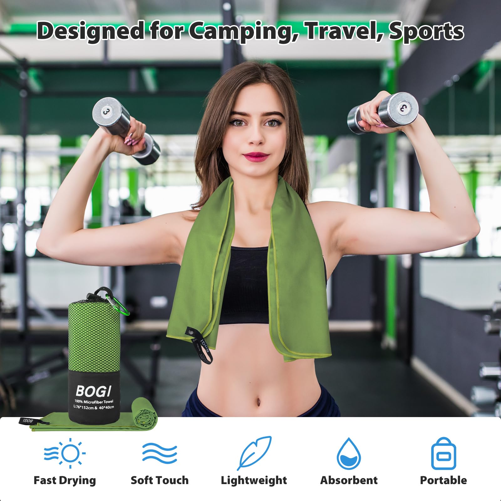 Foto 6 | Toalla Deportiva De Viaje Bogi De Microfibra De Secado Rápido, 40 X 20 Cm, Color Verde - Venta Internacional.