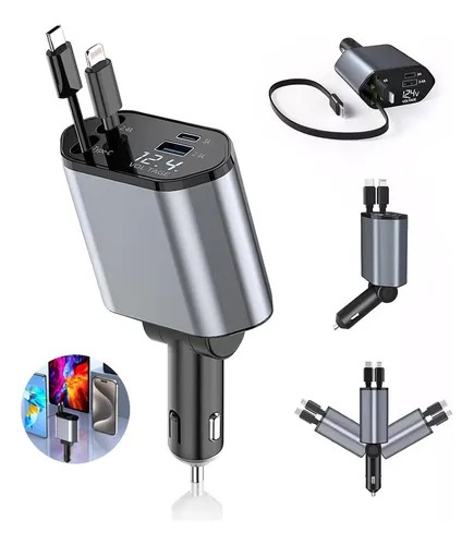 Foto 2 pulgar | Cargador Con Entrada para IOS & Android tipo C Dual Para Auto Con Cables Retractiles