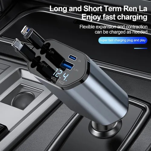 Foto 3 pulgar | Cargador Con Entrada para IOS & Android tipo C Dual Para Auto Con Cables Retractiles