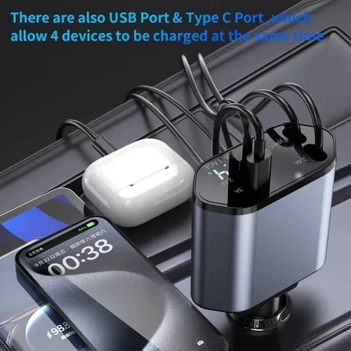 Foto 5 pulgar | Cargador Con Entrada para IOS & Android tipo C Dual Para Auto Con Cables Retractiles
