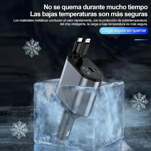 Foto 6 pulgar | Cargador Con Entrada para IOS & Android tipo C Dual Para Auto Con Cables Retractiles