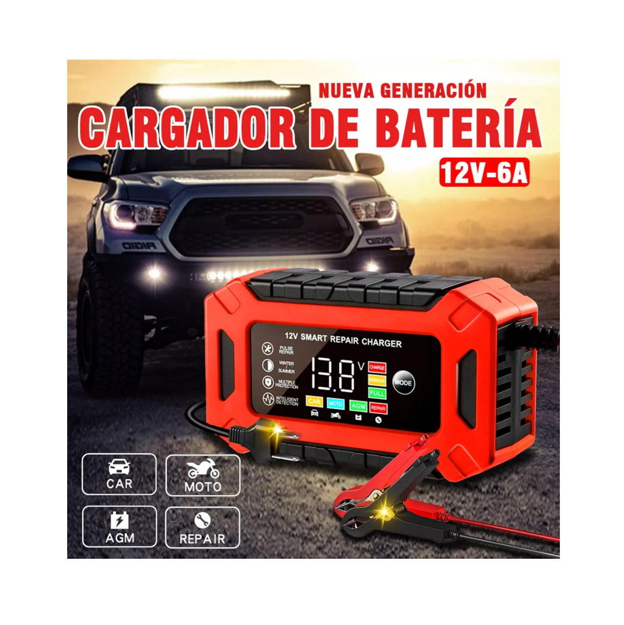 Foto 3 pulgar | Cargador Rápido para Batería De Coche 12 v 6a Rojo/negro