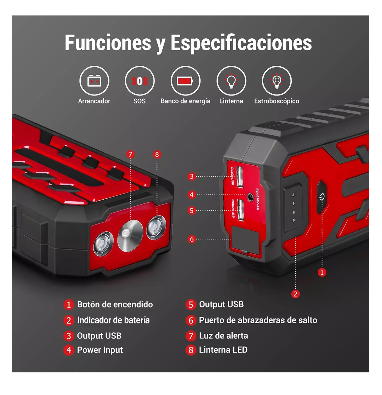 Foto 4 pulgar | Arrancador De Coches, Arrancador De Baterias De Auto Negro/rojo
