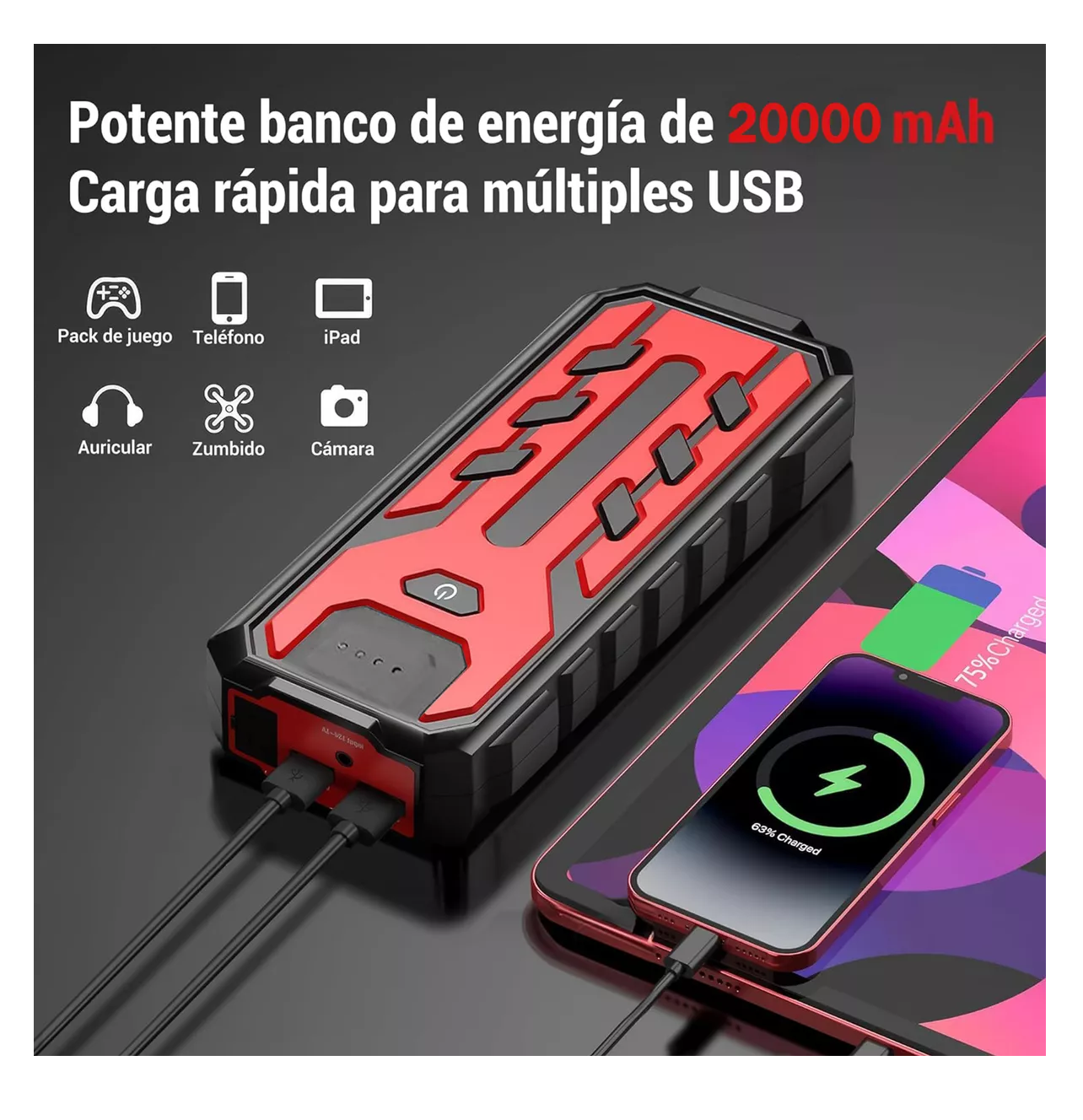 Foto 5 pulgar | Arrancador De Coches, Arrancador De Baterias De Auto Negro/rojo