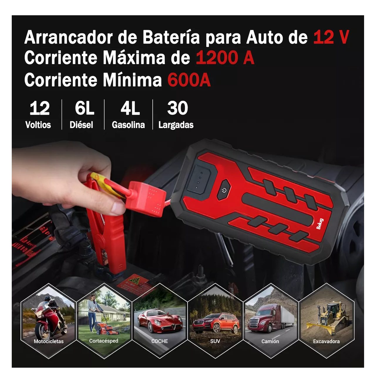 Foto 3 pulgar | Arrancador De Coches, Arrancador De Baterias De Auto Belug  Negro/rojo