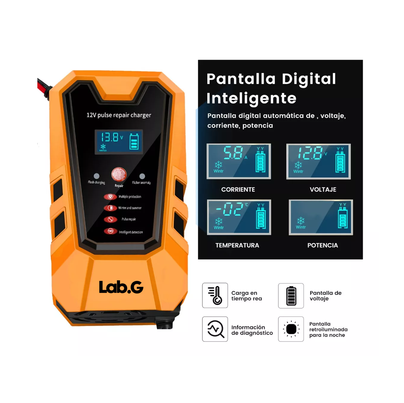 Foto 4 pulgar | Cargador Rápido Para Batería De Coche Inteligente Lab.g 12v 6a Naranja