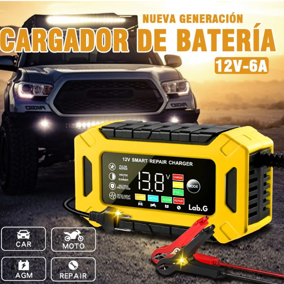 Foto 3 pulgar | Cargador Inteligente Para Coche Y Motocicleta Batería 12v 6a Lab.g Multicolor