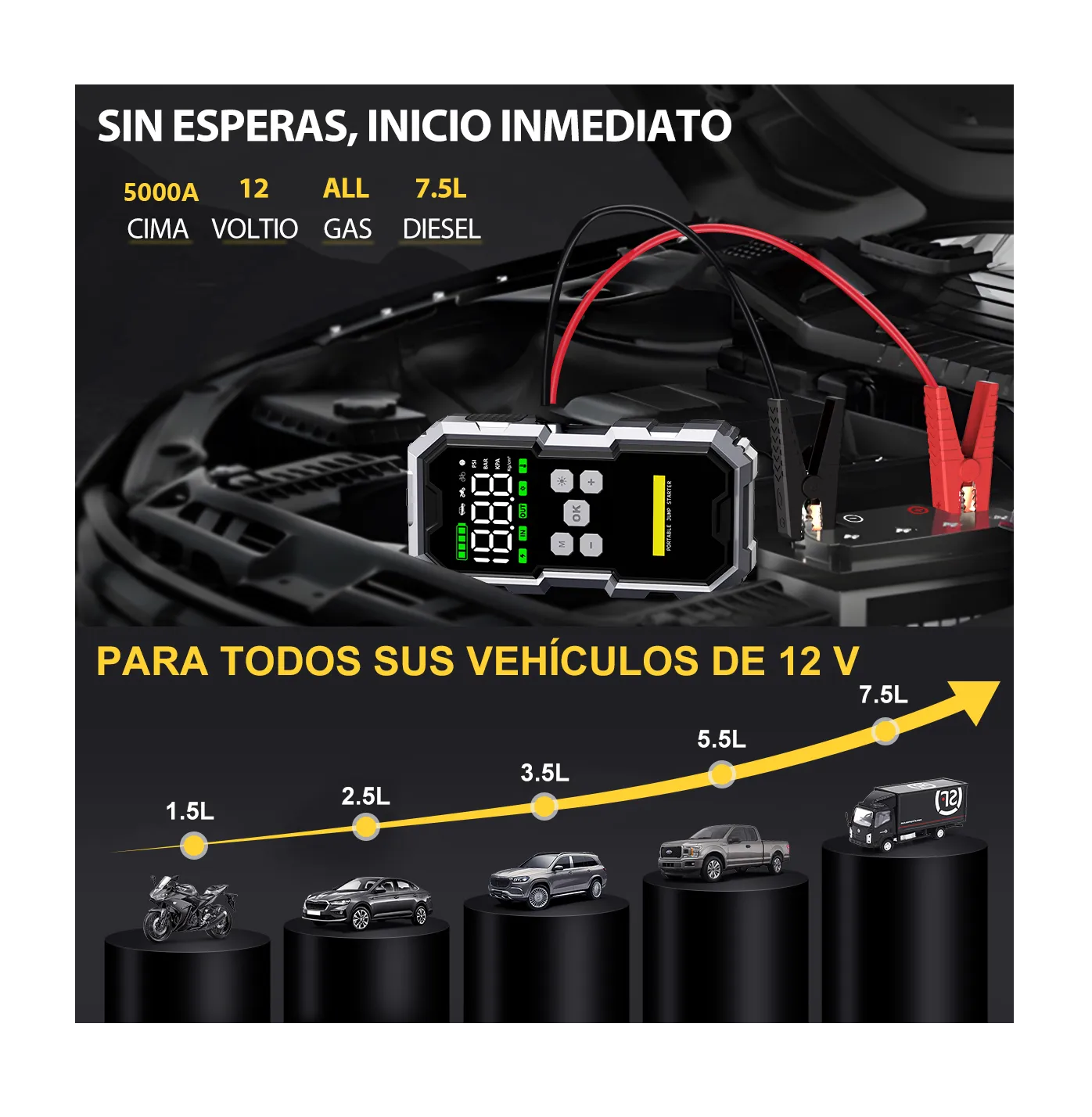 Foto 3 pulgar | Arrancador De Batería De Auto Portátil 5000a Inflador 150psi Negro Gris