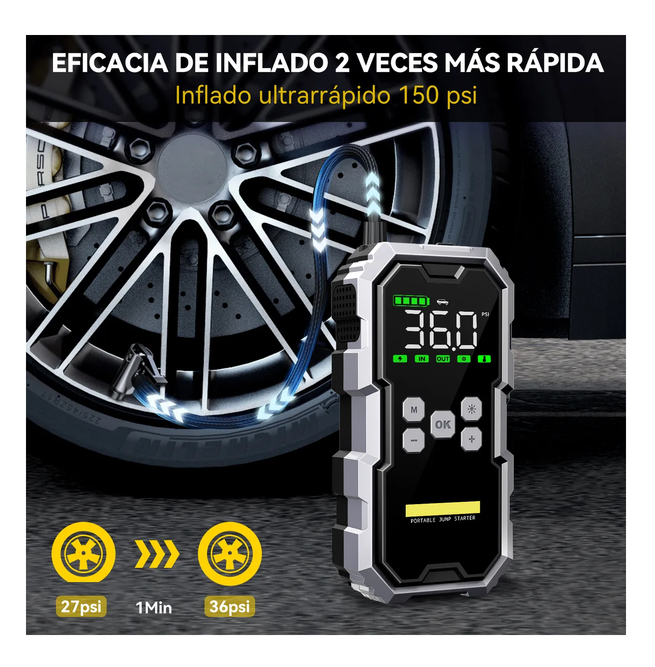 Foto 4 pulgar | Arrancador De Batería De Auto Portátil 5000a Inflador 150psi Negro Gris