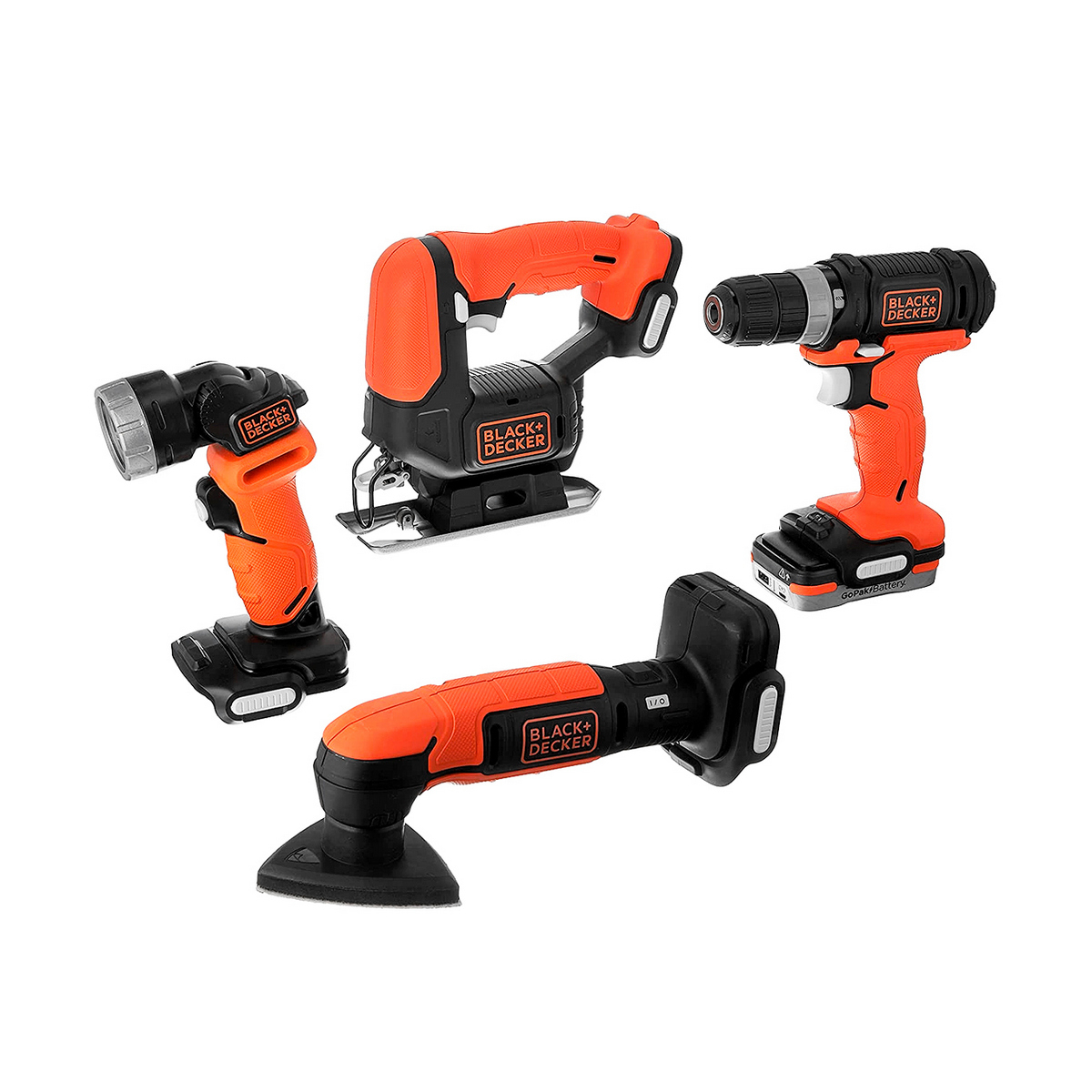 Taladro Atornillador Black+Decker 3/8” 12v + Sierra Caladora 5/8” 12v + Lampara Trabajo 12v + Lijadora 12v