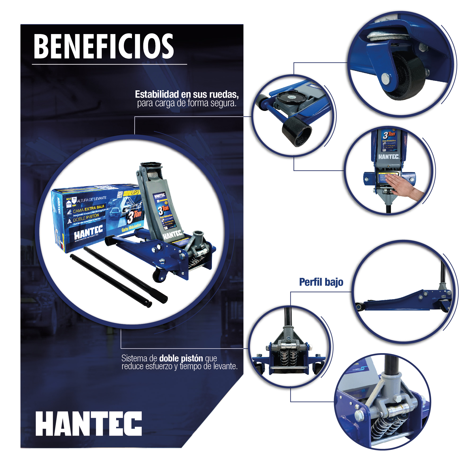 Foto 4 pulgar | Gato Hidráulico de Patín Hantec Cama Baja 3 Toneladas