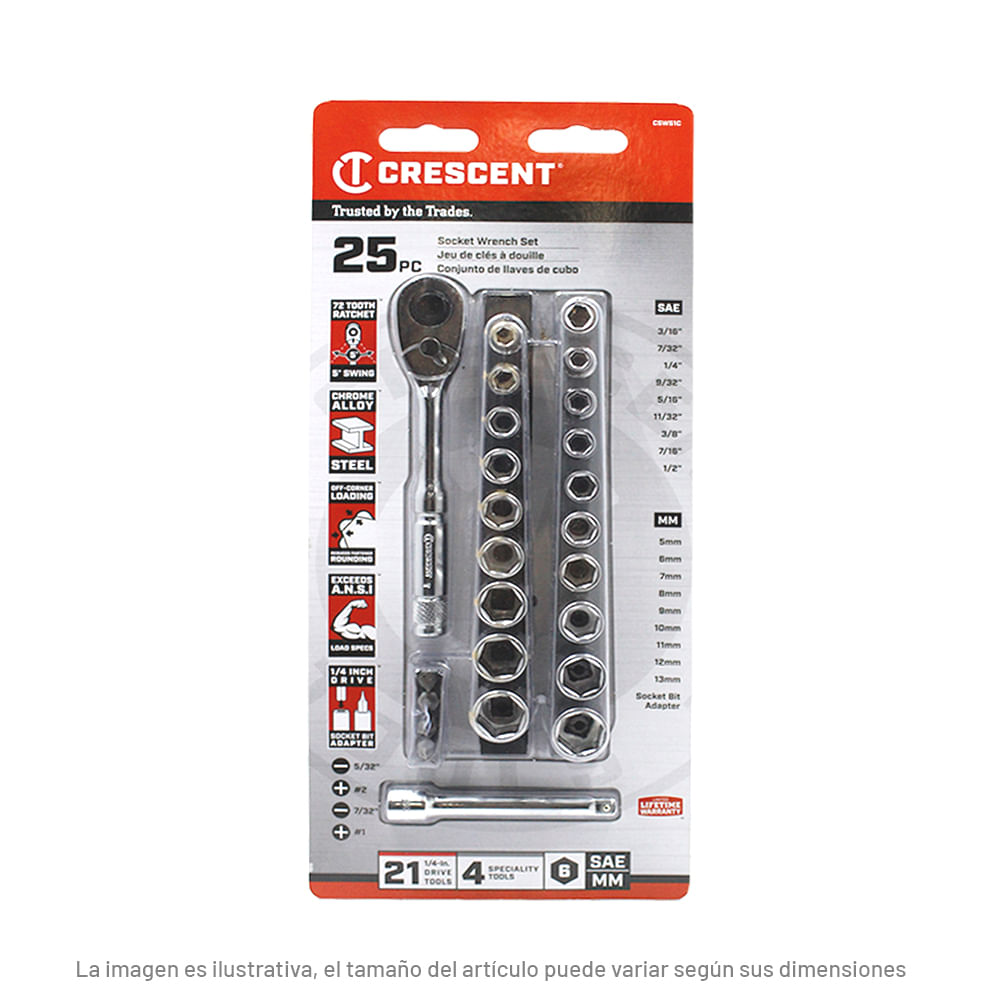 Dados SAE-mm con Matraca Crescent 1/4 Plg 25 Piezas