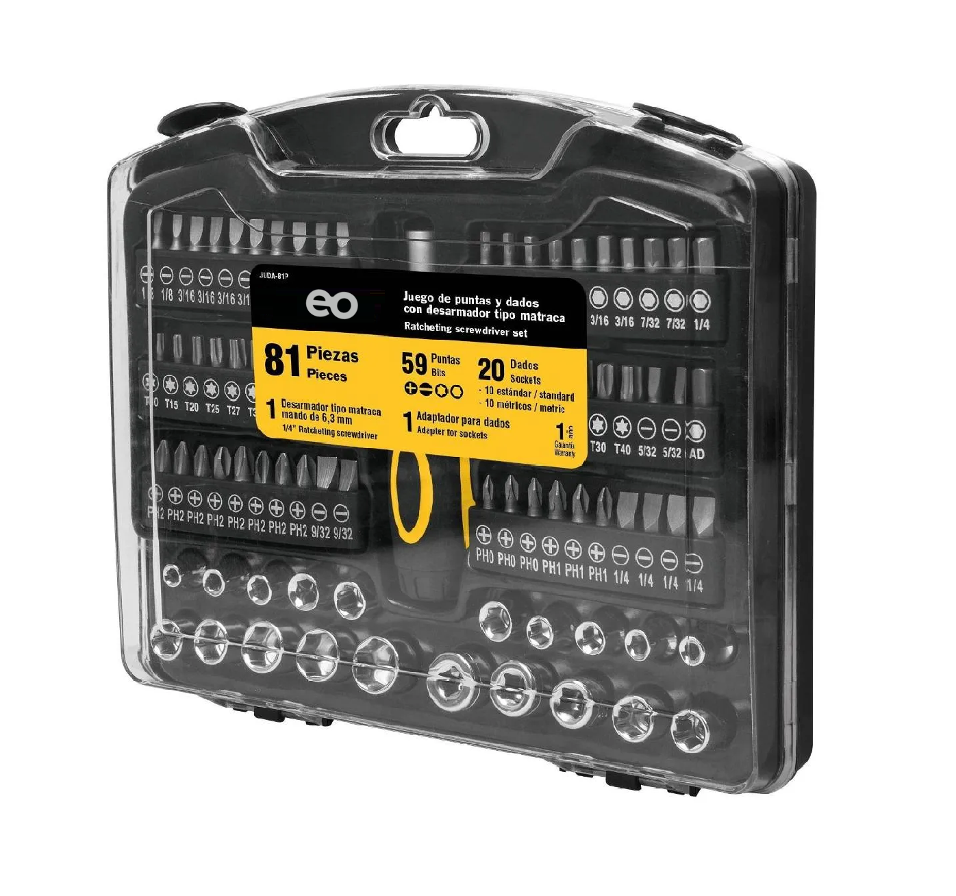 Language Juego De Dados Y Puntas Con Desarmador Matraca 81 Piezas Eo Safe Imports Esi-272-1 Plata